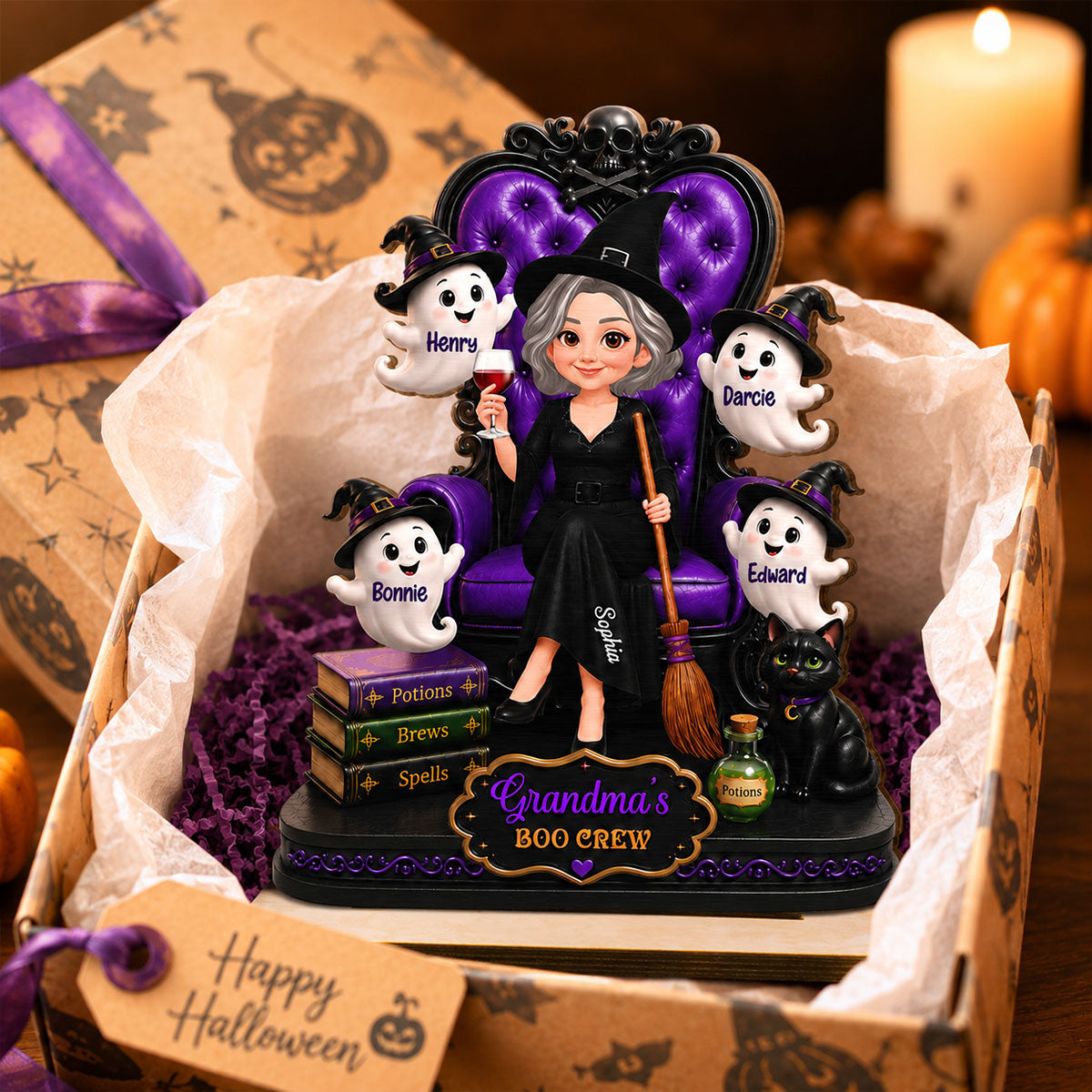 Grandma Witch Sitting On Chair 2D Flat - Personalized Wooden Plaque - Halloween Decoration