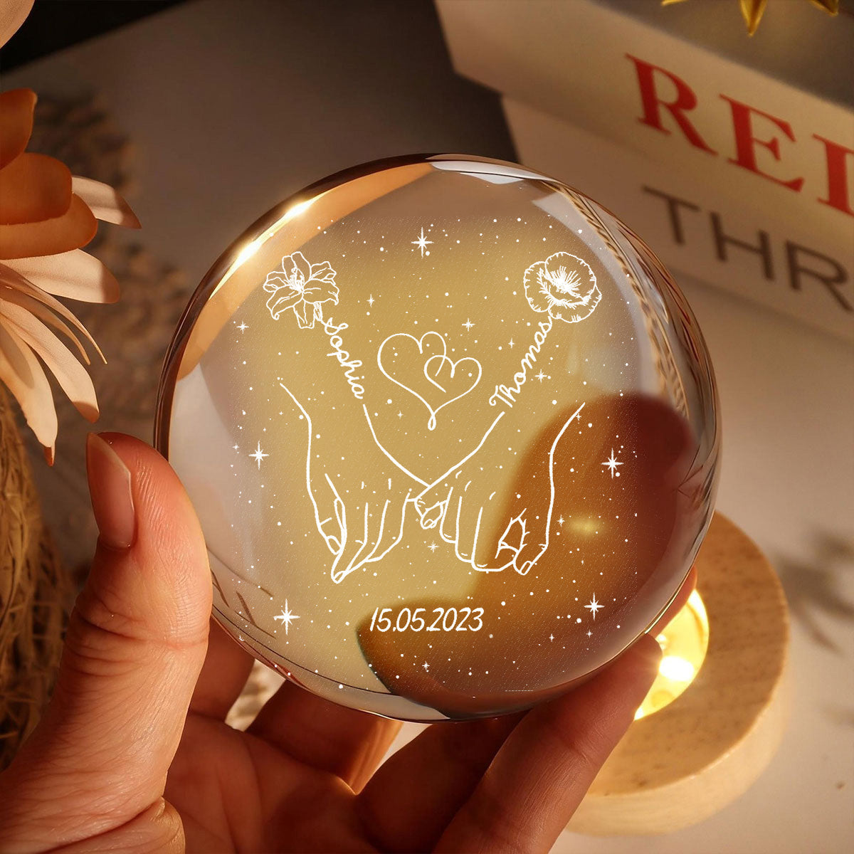 Eternal Love Couple Holding Hands Custom Birth Month Flowers - Personalized Crystal Ball LED Night Light - Valentine's Day Gift For Couple