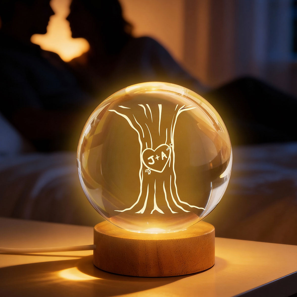 Eternal Love Couple Initial Names Heart Carved Tree - Personalized Crystal Ball LED Night Light - Valentine's Day Gift For Couple
