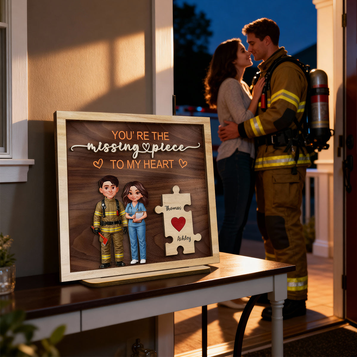 The Missing Piece to My Heart Couple Occupation Nation Flag - Personalized 2-Layered Wooden Plaque - Heartfelt Gift for Him, for Her