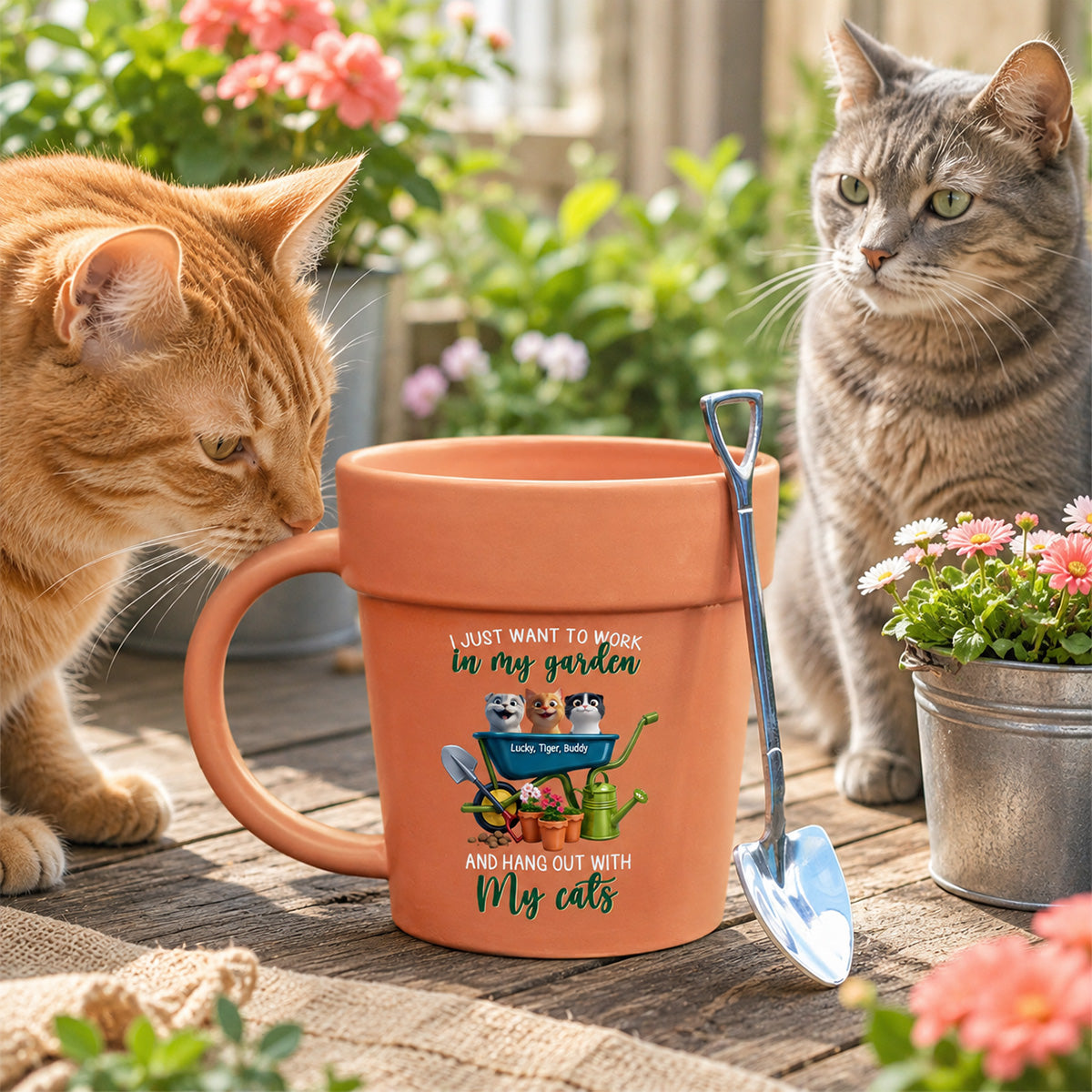 Just Want To Work In My Garden With My Cats - Personalized Plant Pot Ceramic Mug - Gift For Gardening Lovers
