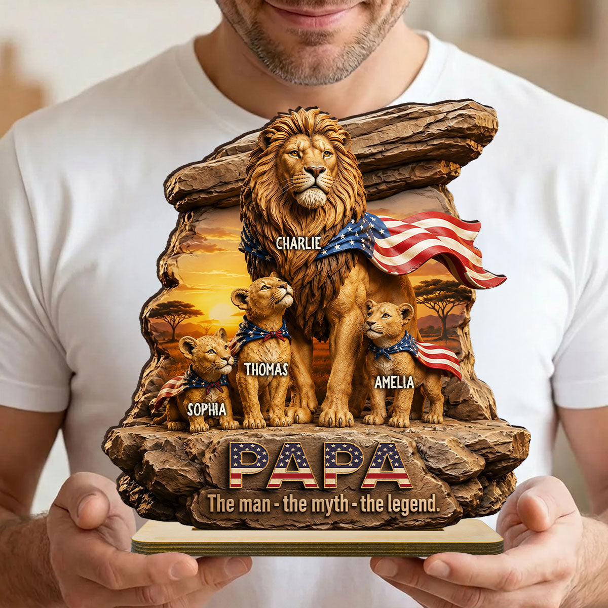 Lion Dad Papa the Legend - Personalized 2-Layered Wooden Plaque -  Gift for Dad, Husband