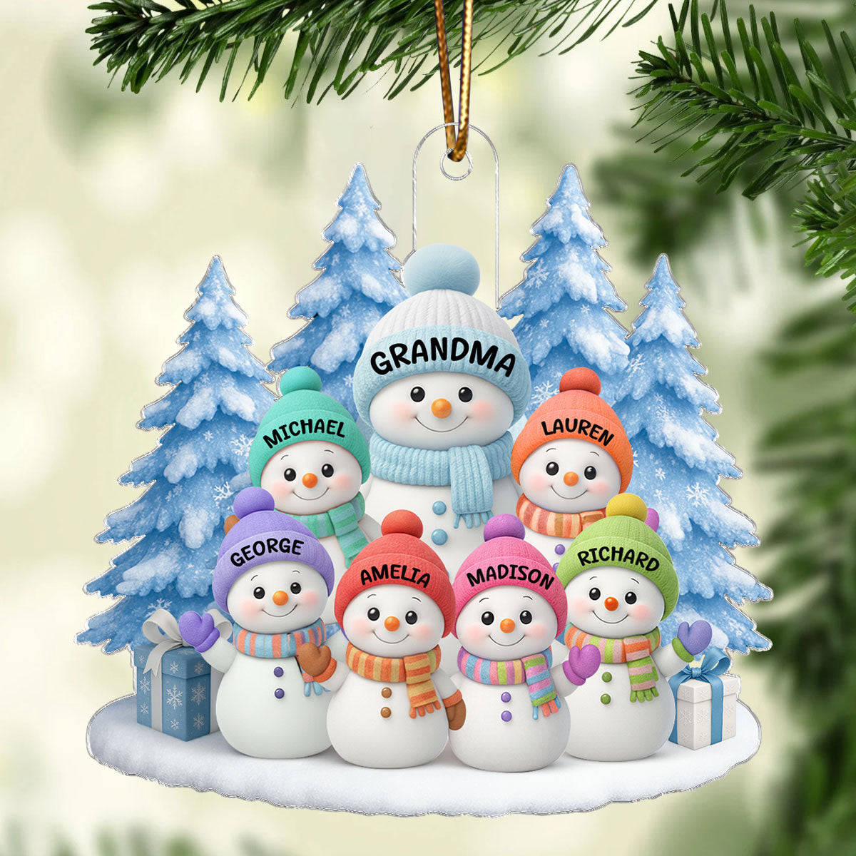 Snowman Grandma And Grandkids on Snow - Personalized Acrylic Ornament - Perfect Christmas Gift for Grandma