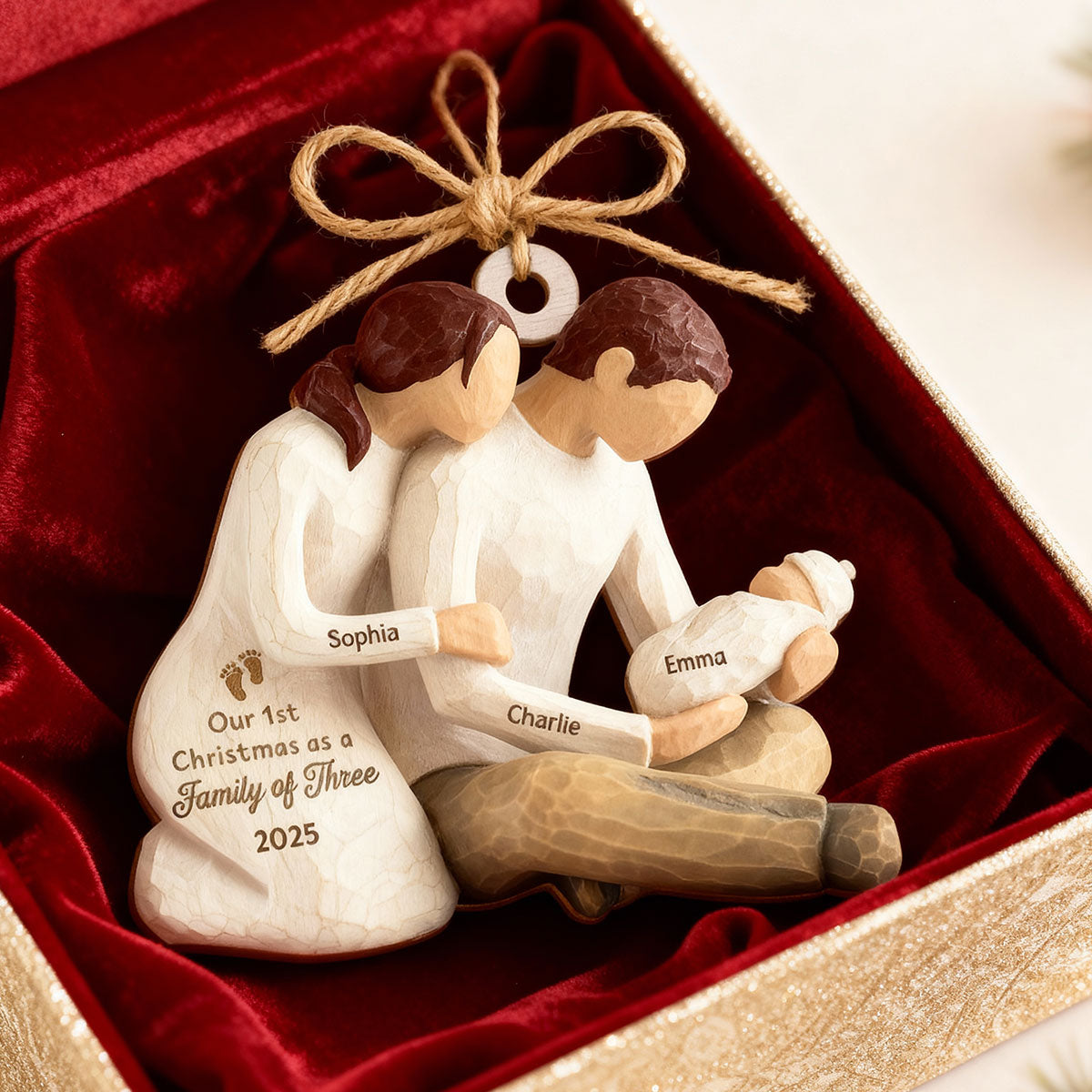 First Christmas As Family Of Three Mom Dad Holding Baby 2D Flat Printed - Personalized Wooden Ornament