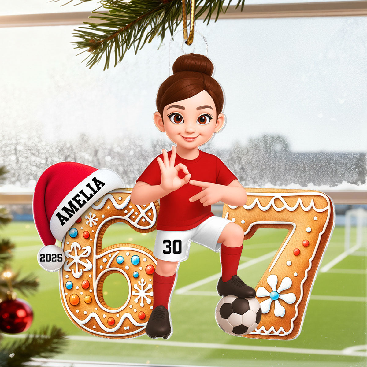 Soccer Boy Girl Christmas Pattern Custom Six Seven 67 - Personalized Acrylic Ornament - Teen Slang Funny Tree Decor, Funny Teen Grandkid Gift