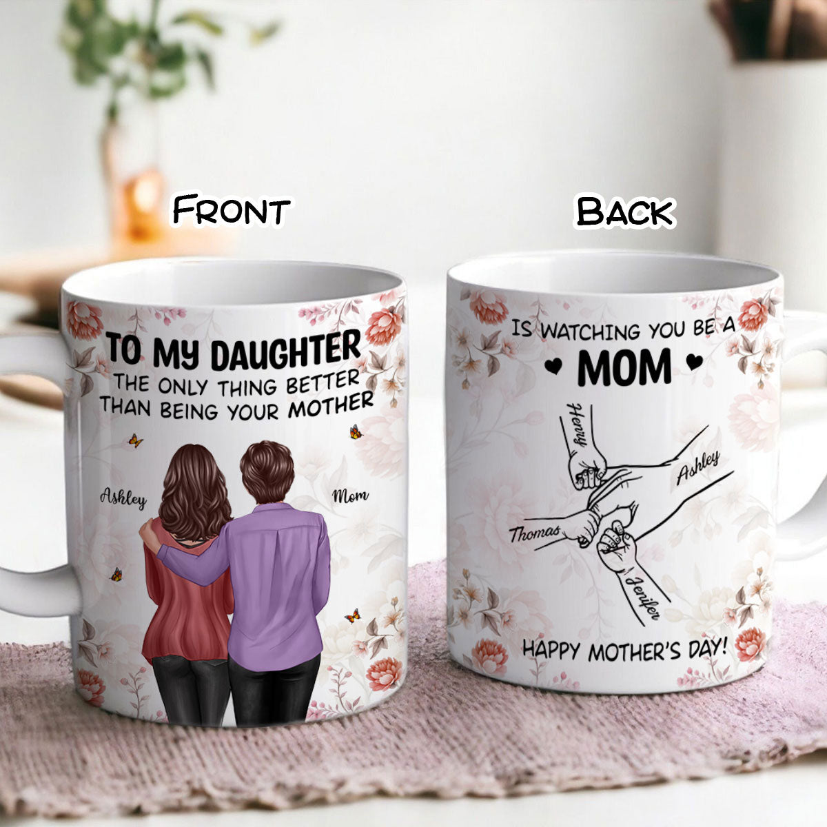 To My Daughter From Mom Hands Outline Floral Pink Tone - Personalized Mug - Mother's Day Gift For Daughter