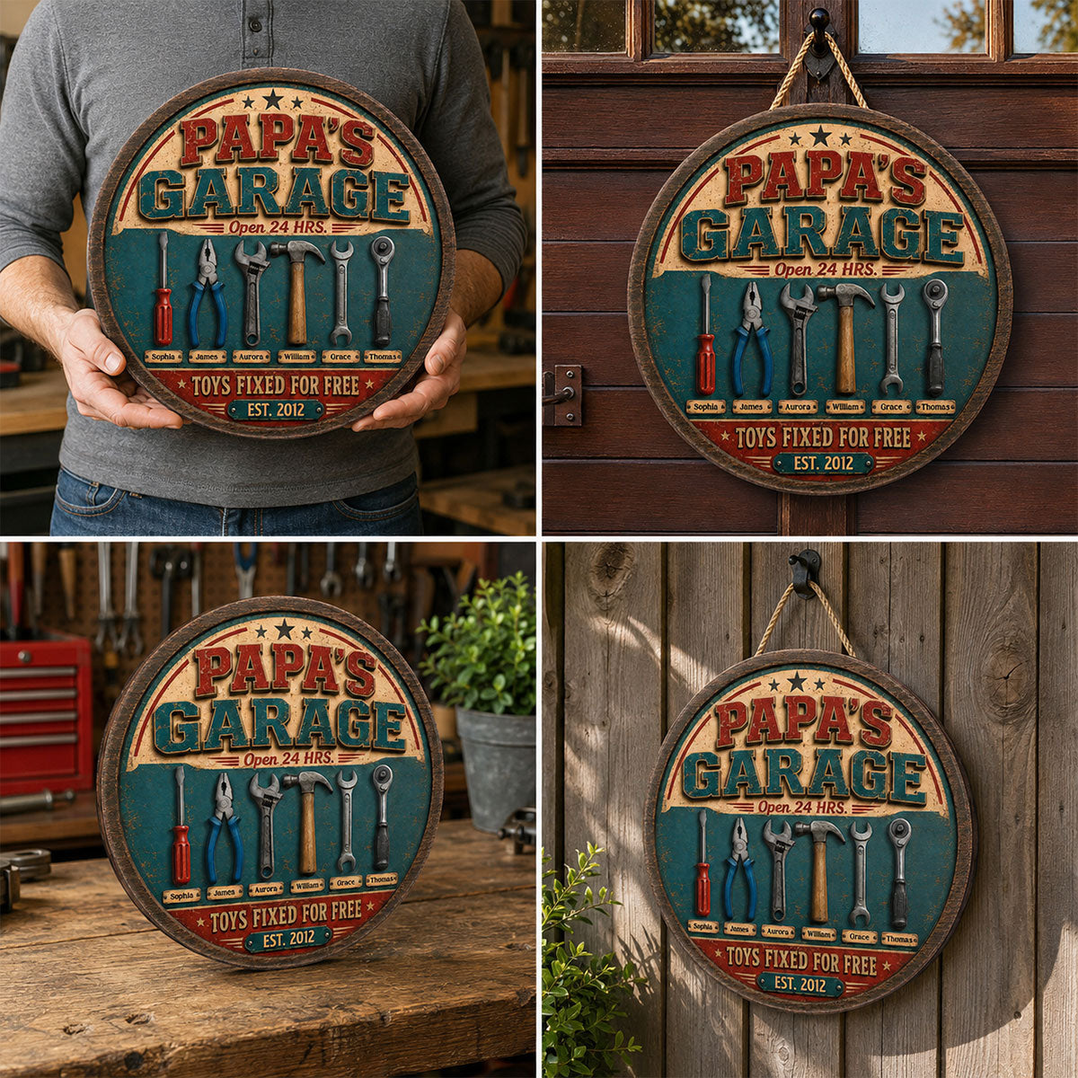 Papa Dad's Garage Toys Fixed For Free Custom Kid Name 2D Flat - Personalized Wooden Garage Sign - Father's Day Gift For Mechanic Dad, Grandpa