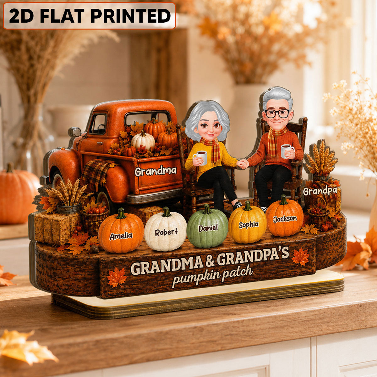 Fall Season Pumpkin Truck Grandma Grandpa Pumpkin Patch - Personalized 2-Layered Wooden Plaque - Fall Decor For Grandparents
