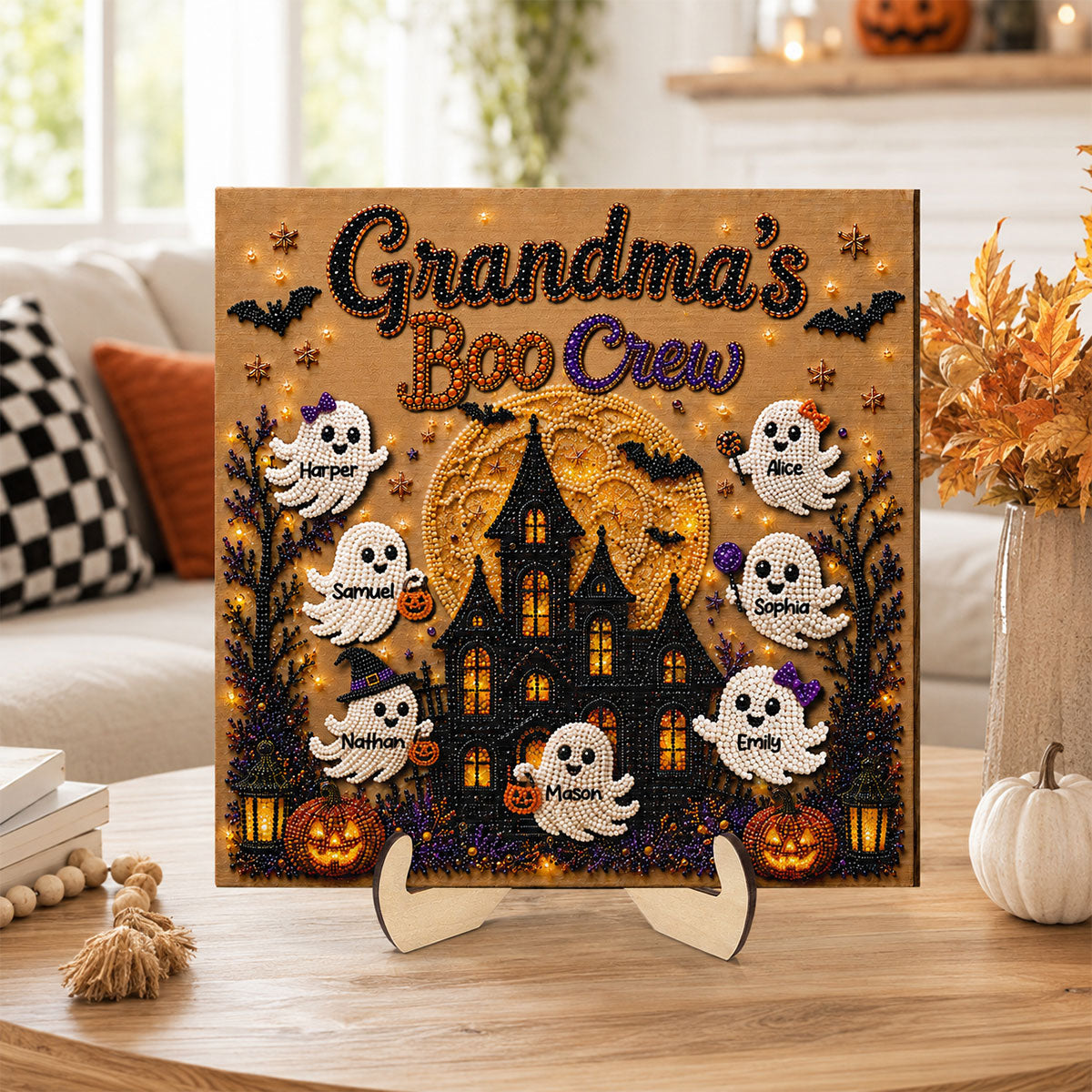 Grandma’s Boo Crew Haunted House Faux Diamond Art – Personalized Wooden Plaque – Halloween Decor Gift For Grandma