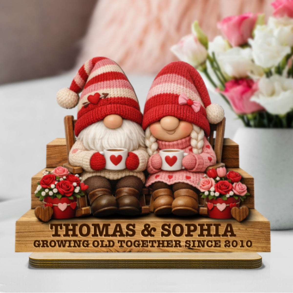 Everlasting Love Valentine Gnome Couple - Personalized 2-Layered Wooden Plaque - Valentine's Day Gift For Couple