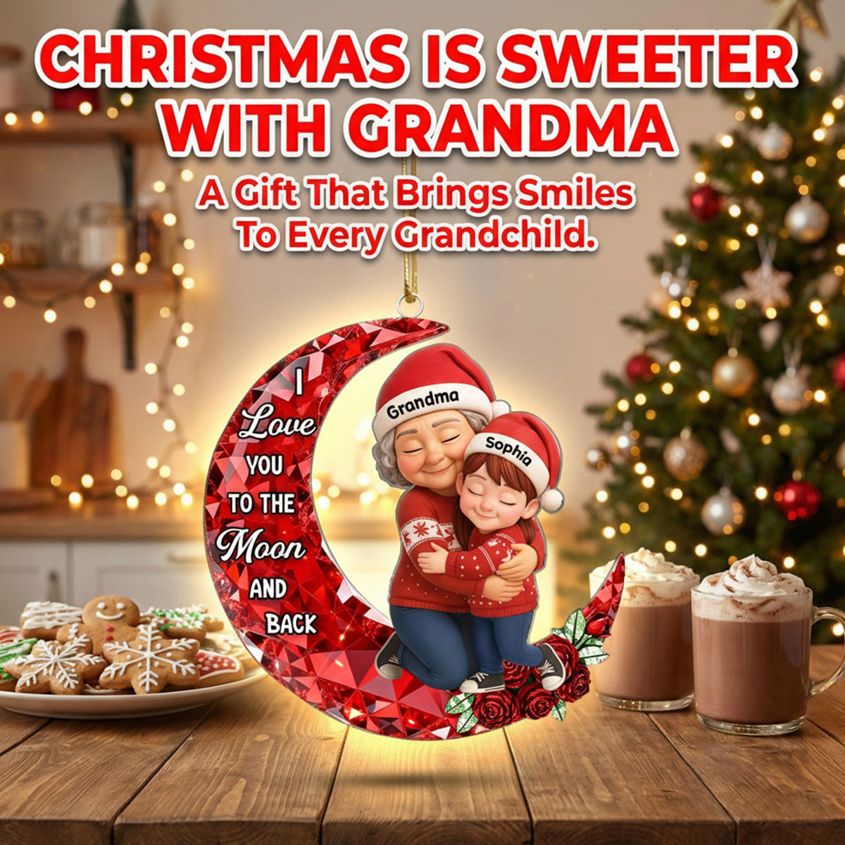 3D Crystal Effect Grandma Grandkid Love to the Moon - Personalized Acrylic Ornament - Christmas Gift for Grandma, Grandkids