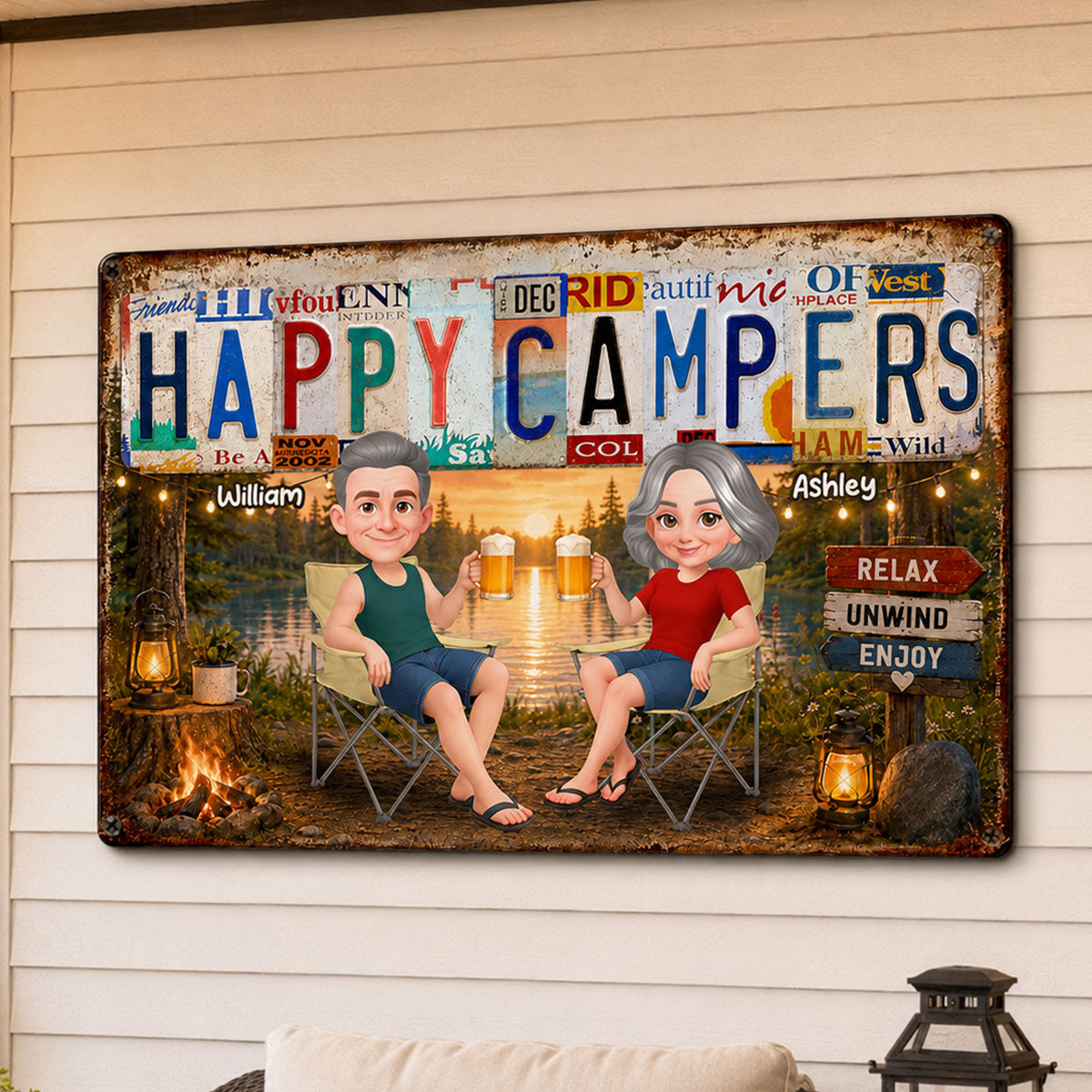 Happy Campers Camping Couple License Plate Style - Personalized Metal Sign - Gift For Campers