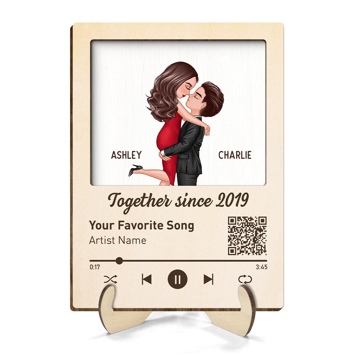Couple Kissing Favorite Song QR Code  Gift Personalized 2-layer Wooden Plaque