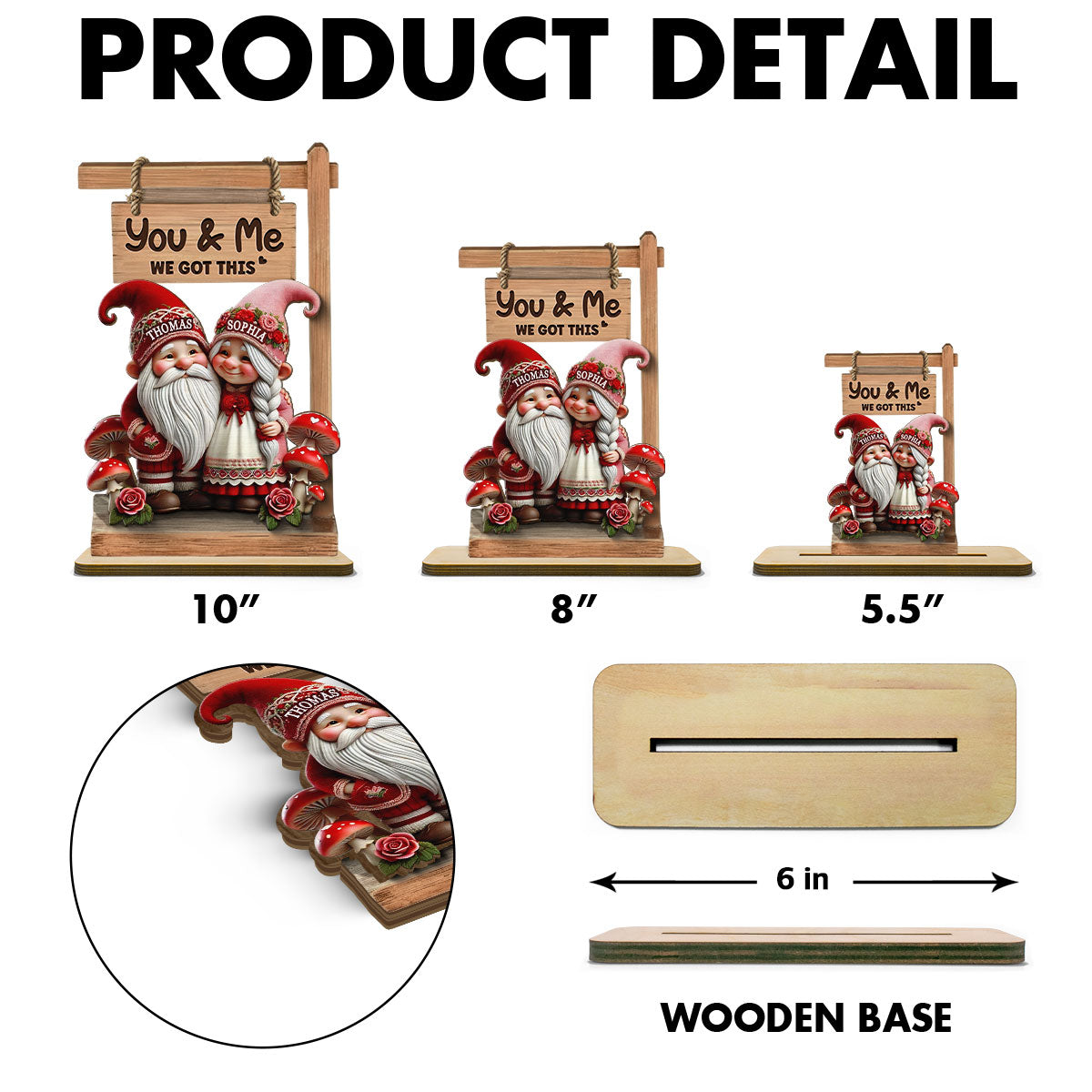 3D Effect Valentine Theme Gnome Couple Standing - Personalized 2-Layer Wooden Plaque - Gift For Him, Gift For Her