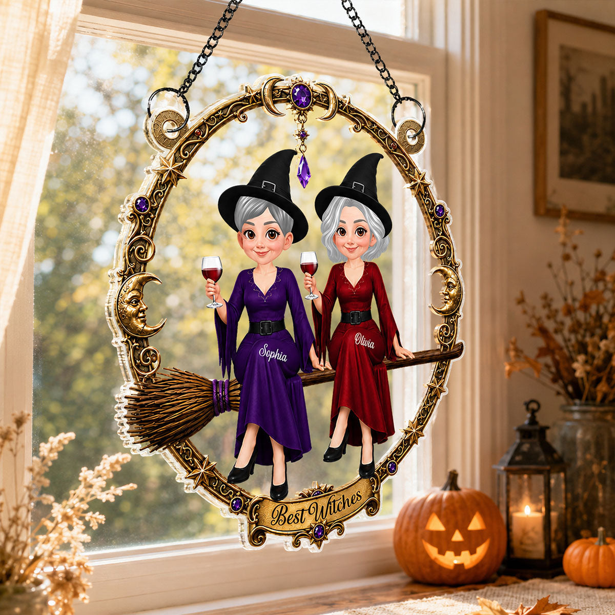 Besties Witches Sitting On Broom - Personalized Acrylic Window Hanger - Halloween Decoration