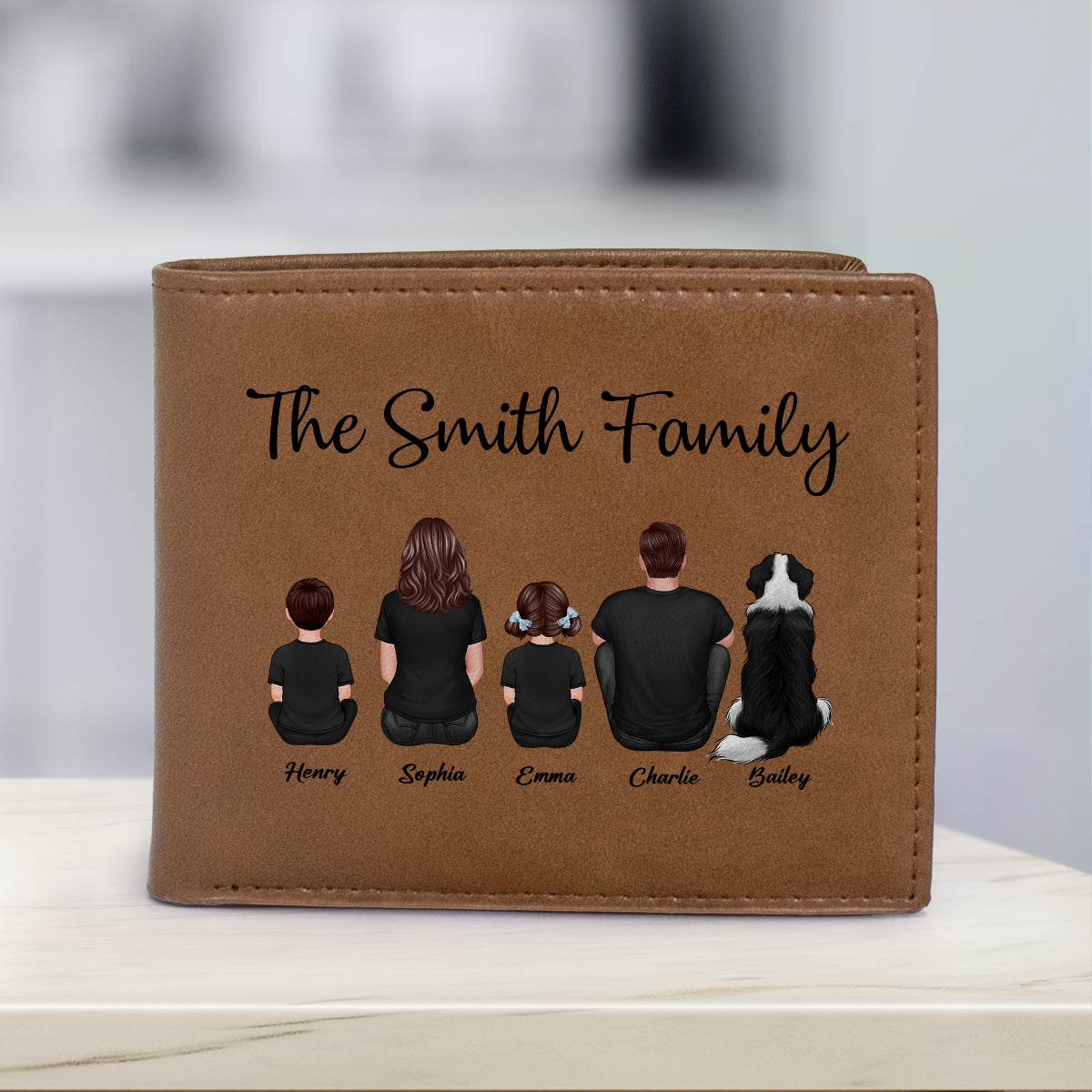 Family Sitting Together Personalized Printed Leather Wallet, Father's Day Gift, Birthday Gift For Husband, Dad, Grandpa