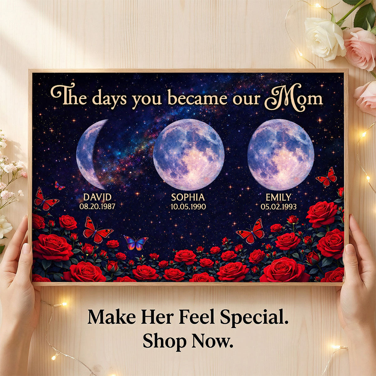 Roses The Day You Became Mom Grandma Custom Birth Moon Phase - Personalized Poster - Mother's Day Gift For Mom, Grandma