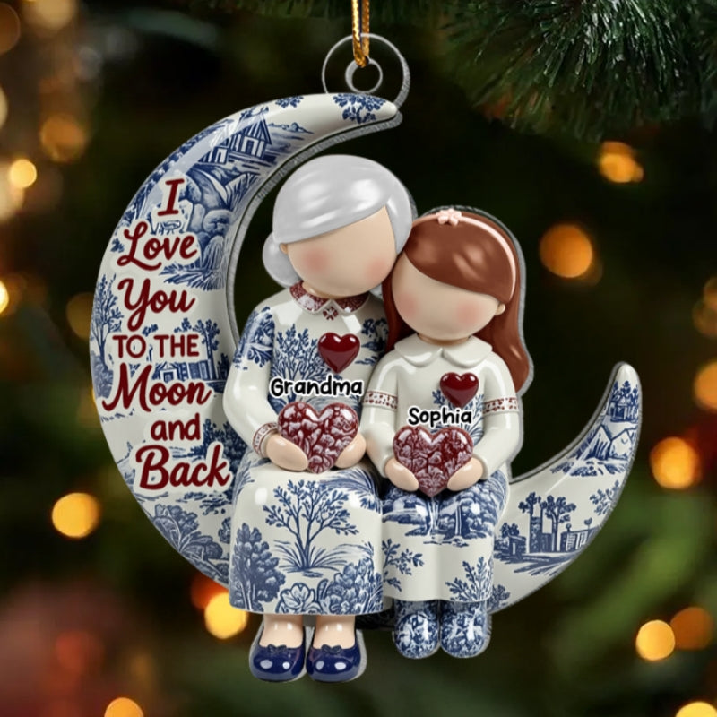 Grandma Grandkids on Moon Toile de Jouy Pattern - Personalized Acrylic Ornament - Sentimental Gift for Grandma