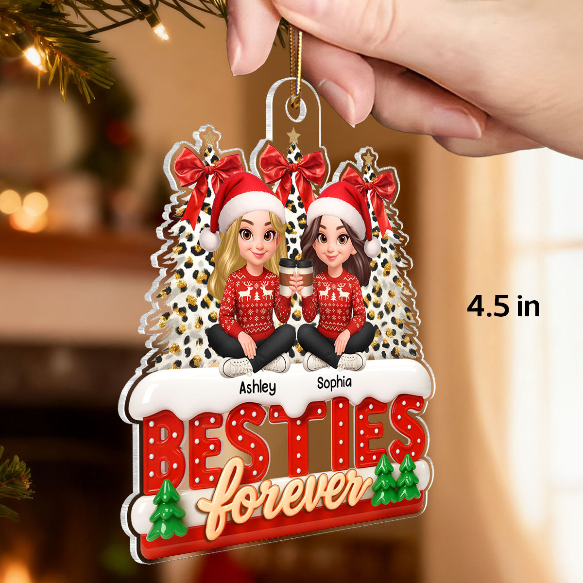 3D Effect Cartoon Besties Forever Leopard Coquette Christmas Tree - Personalized Acrylic Ornament