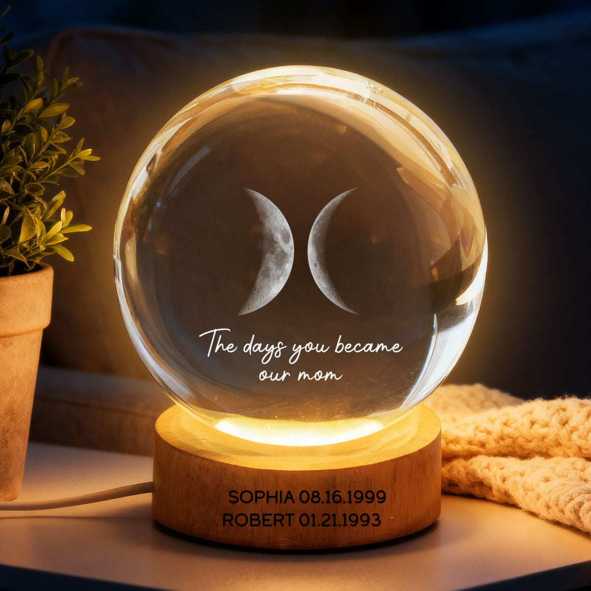 The Day You Became My Mom Engraved Wooden Base - Personalized Crystal Ball LED Night Light - Sentimental Gift for Mom