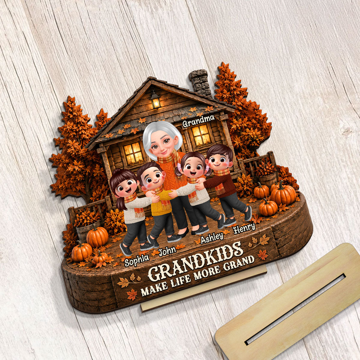 Grandma Grandkids Fall Season - Personalized 2-Layered Wooden Plaque - Gift For Wife, Grandmas