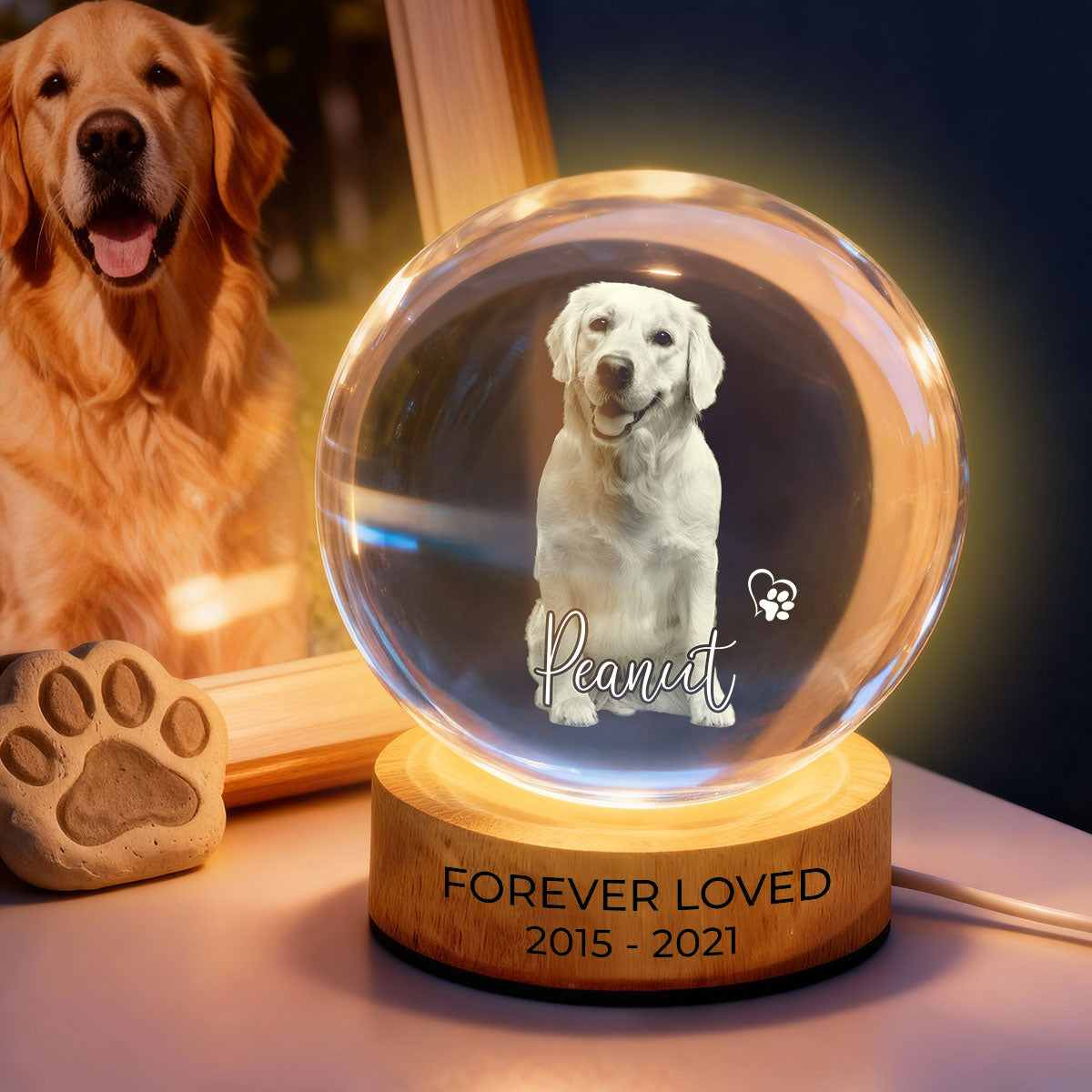 Custom Pet Photo Portrait Memorial - Personalized Crystal Ball LED Night Light - Heartfelt Gift for Pet Lovers, Pet Remembrance