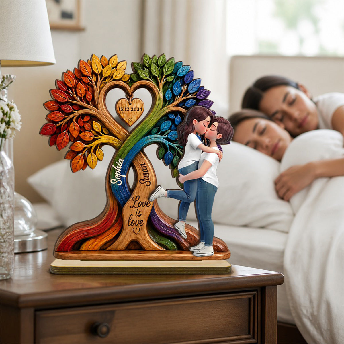 LGBT Couple Kissing Under Tree - Personalized 2-Layered Wooden Plaque - Heartfelt Gift for Her, Gift for Him