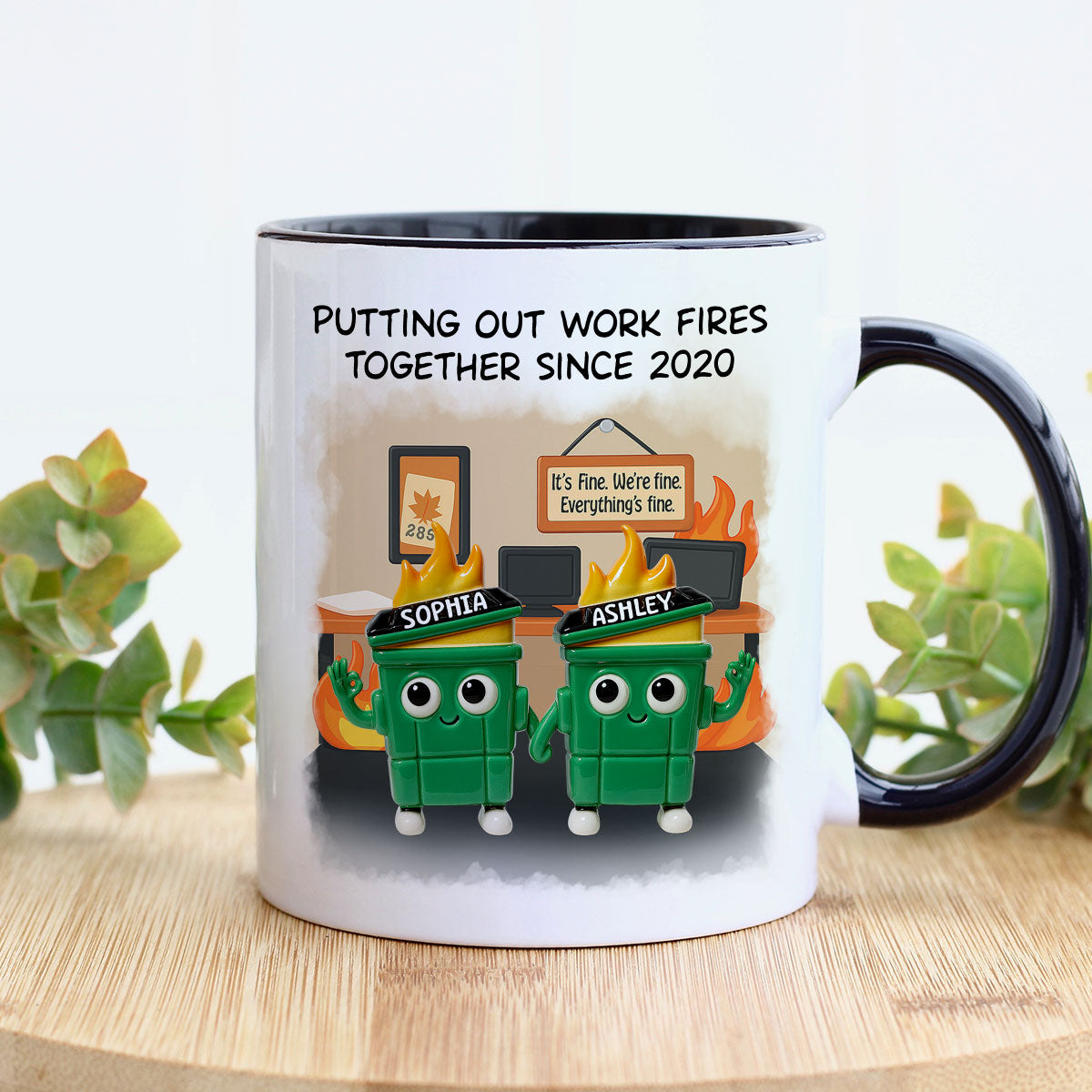 3D Effect Dumpster Fires In Office Scene - Personalized Mug - Funny Gift For Colleagues, Work Besties