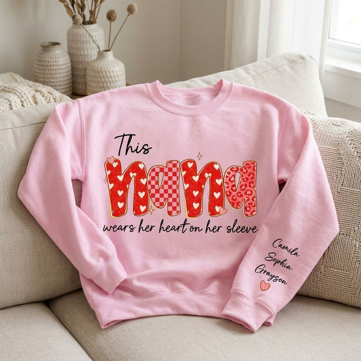 This Nana Wears Heart On Her Sleeve Preppy Pattern - Personalized Sleeve Printed Sweatshirt - Mother's Day Gift For Grandma