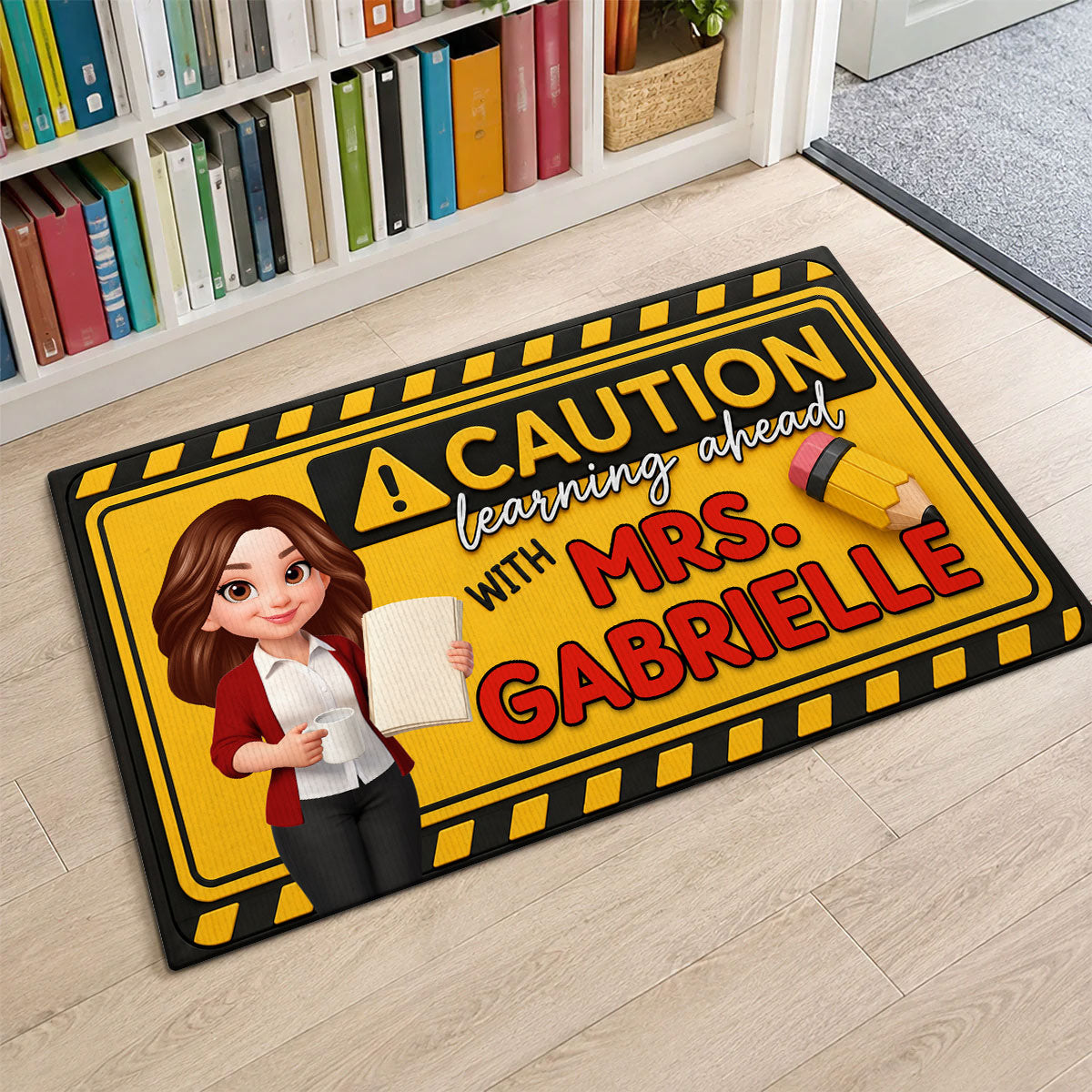 Caution Learning Ahead With Teacher - Personalized Doormat - Back To School Gift For Teachers, Classroom Decors