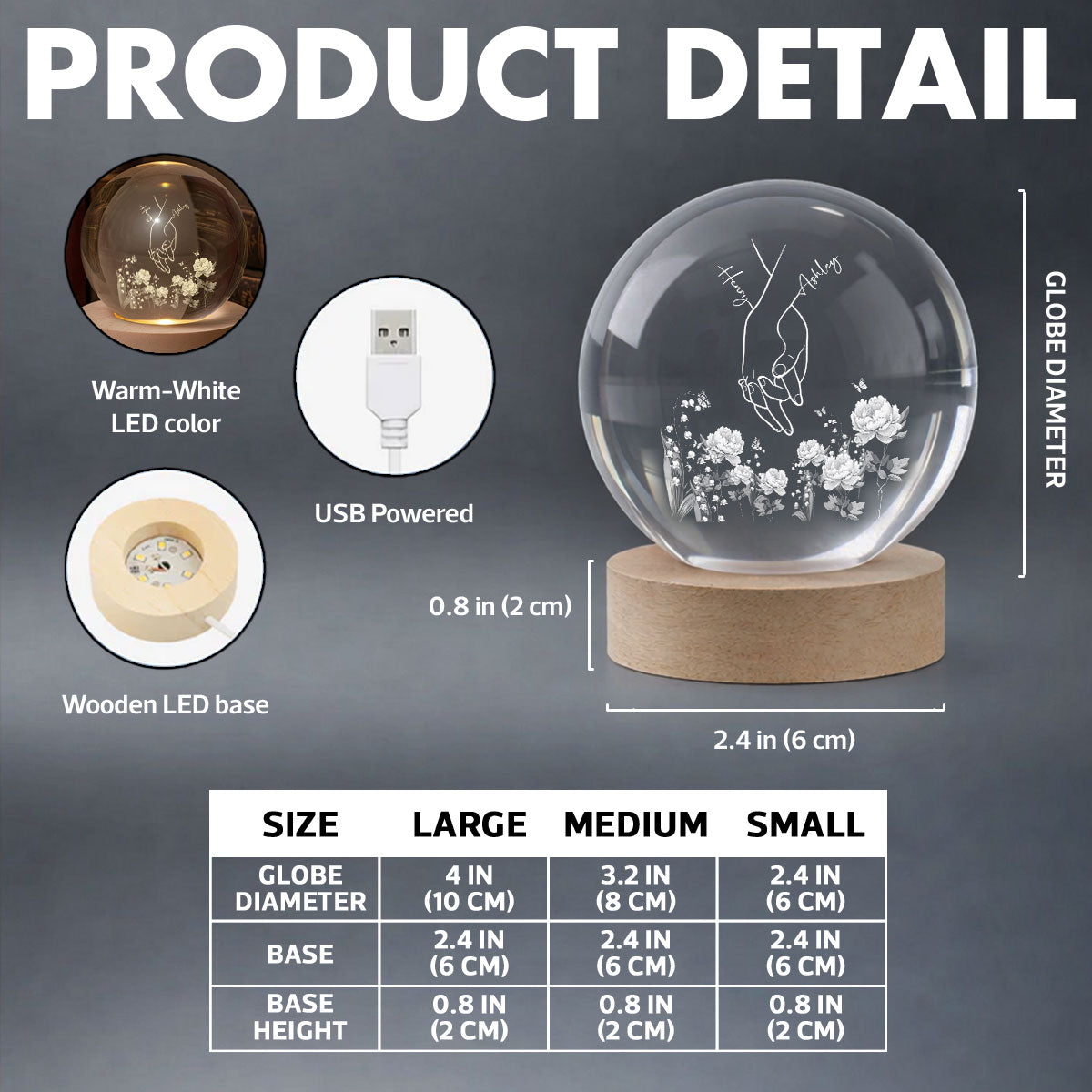 I Love You Couple Hand Print Birth Flower - Personalized Crystal Ball LED Night Light - Sentimental Gift for him, for her