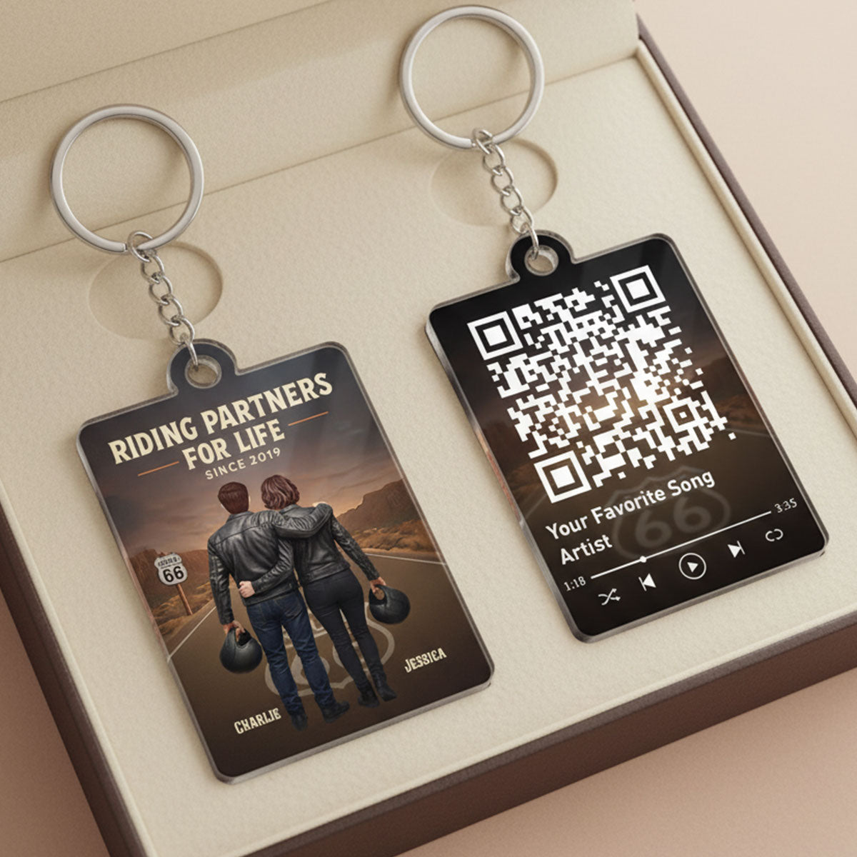 Eternal Love Back View Biker Couple Riding Partners For Life - Personalized Acrylic Keychain - Gift For Couple, Bikers, Scannable QR Code Favorite Song