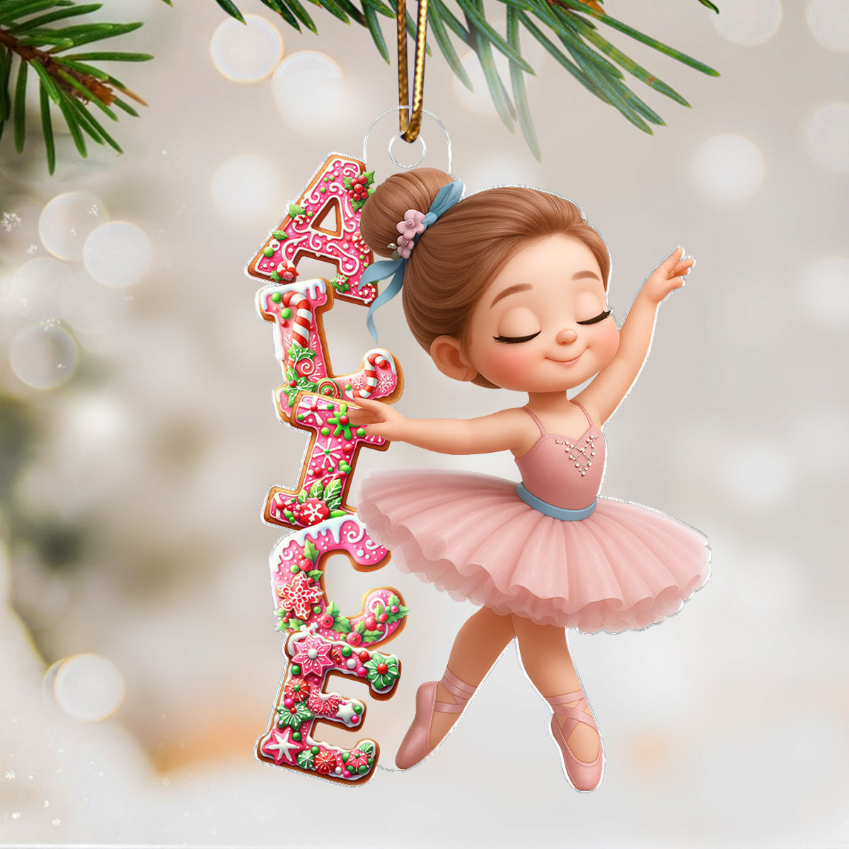 Little Girl Balletina Dance Custom Name Pink Gingerbread Pattern - Personalized Acrylic Ornament - Heartwarming Christmas Gift For Kid