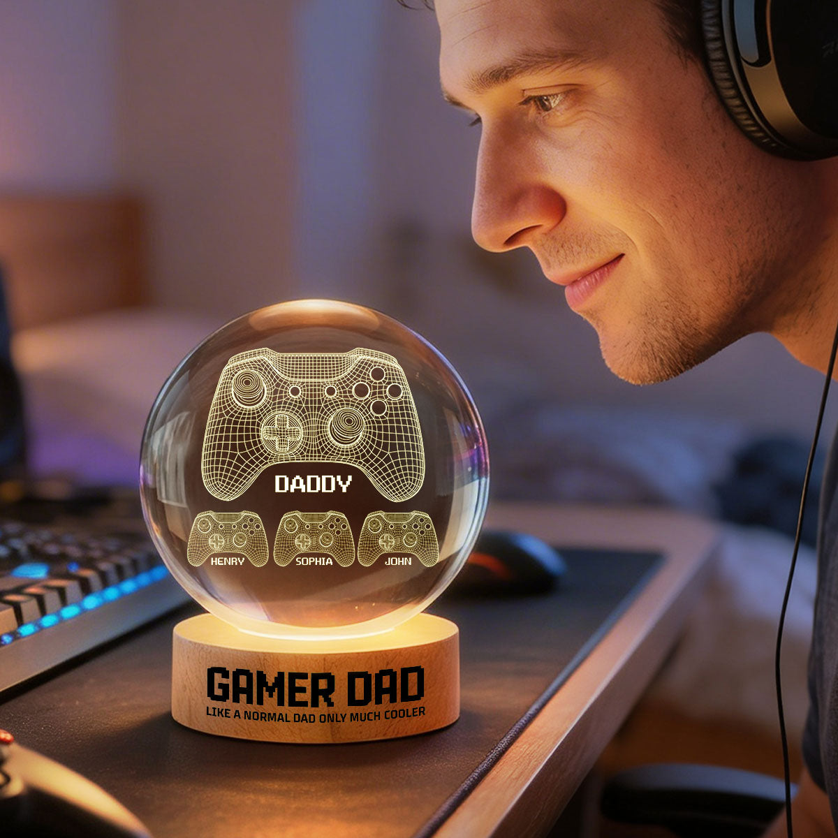 Gamer Dad Like A Normal Dad But Cooler - Personalized Crystal Ball LED Night Light -  Gift For Dad