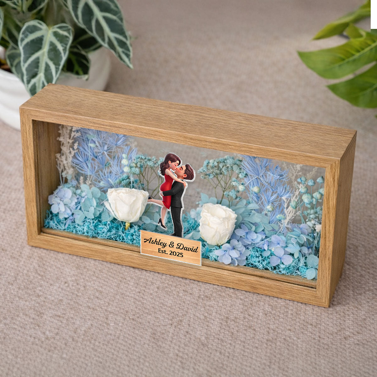 Romantic Couple Hugging Kissing - Personalized DIY Flower Shadow Box LED Night Light - Gift For Couple, For Him, For Her