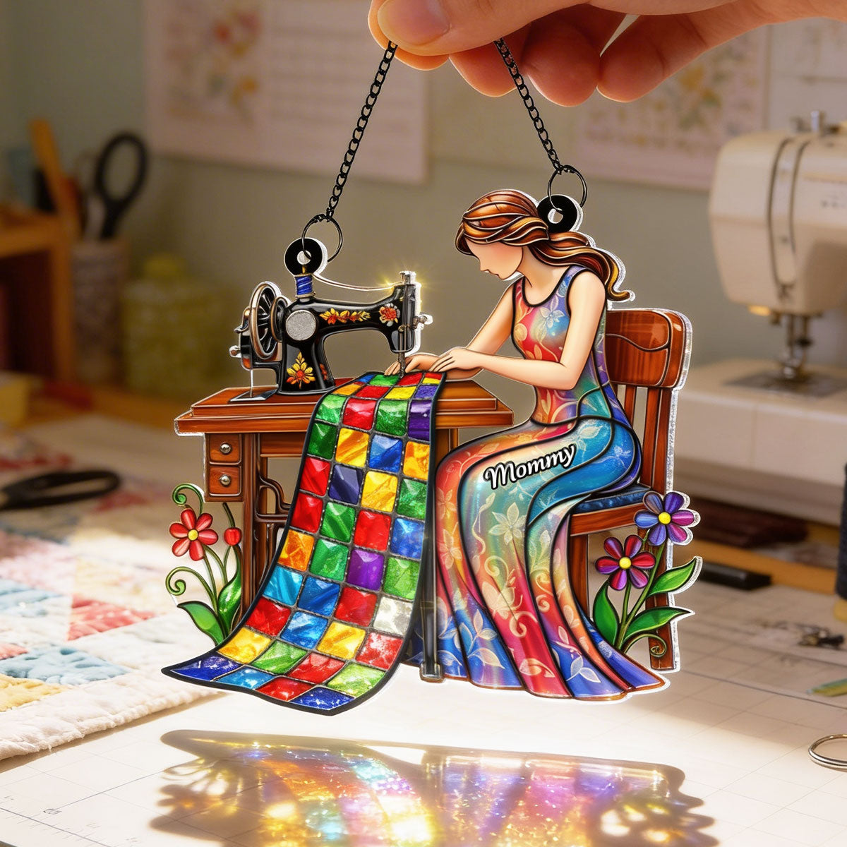 Mom Grandma Sewing Colorful Quilt - Personalized Suncatcher - Gift For Mom, Grandma