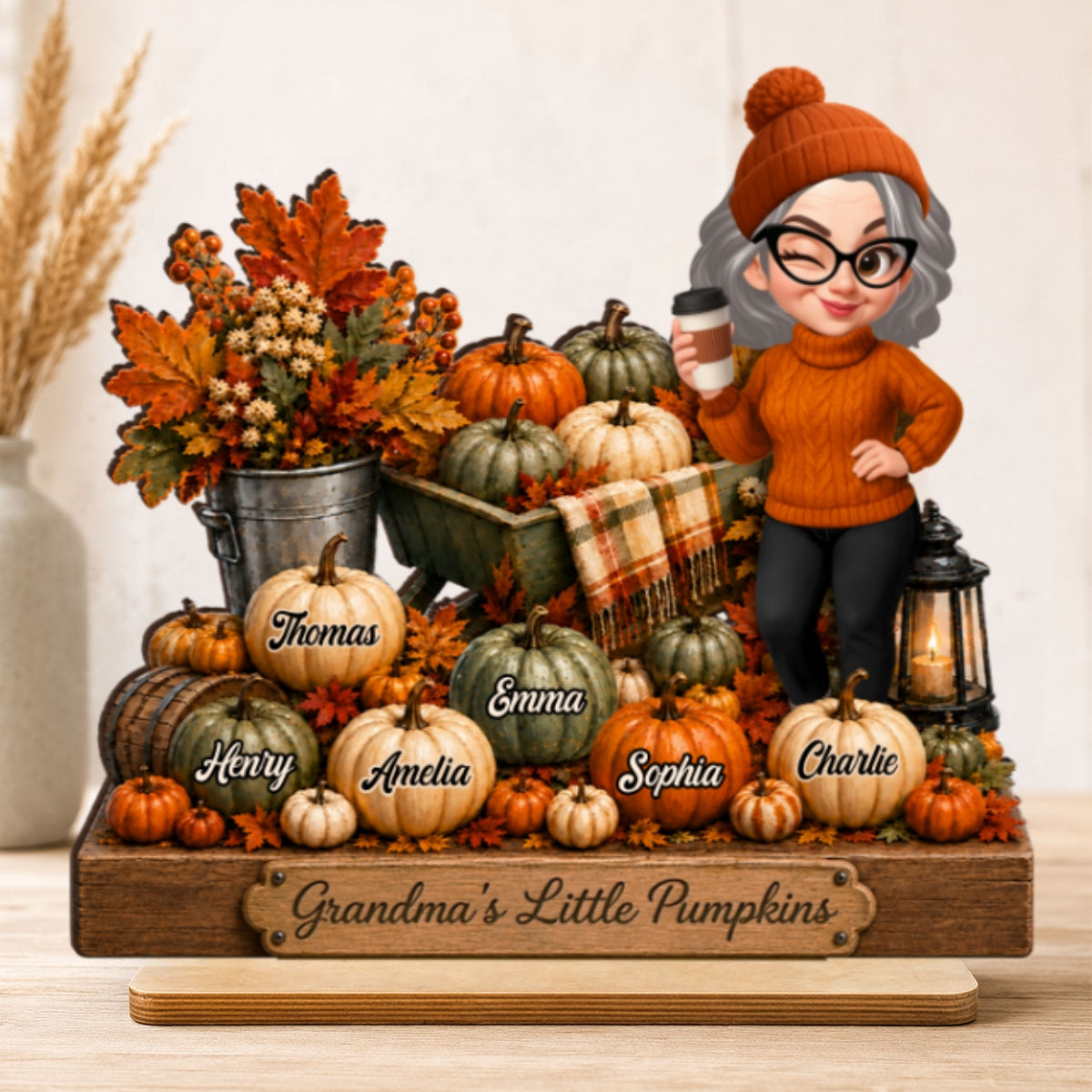 Pumpkin Wheelbarrow Grandma Grandkids - Personalized 2-Layered Wooden Plaque - Fall Season Decor Gift, Gift For Grandma