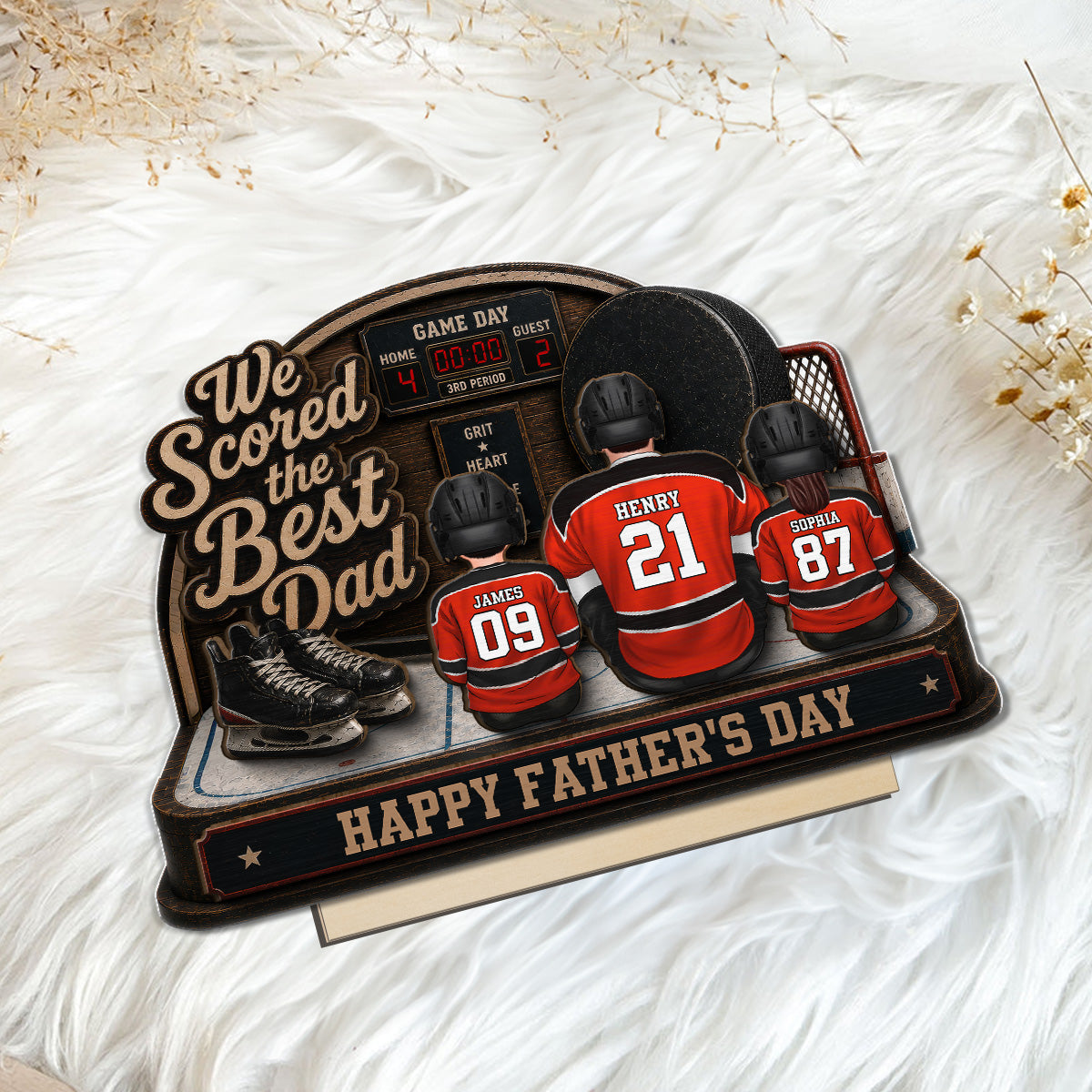 Hockey Dad & Kids Sitting On Court 2D Flat - Personalized 2-Layered Wooden Plaque -  Gift For Hockey Dad