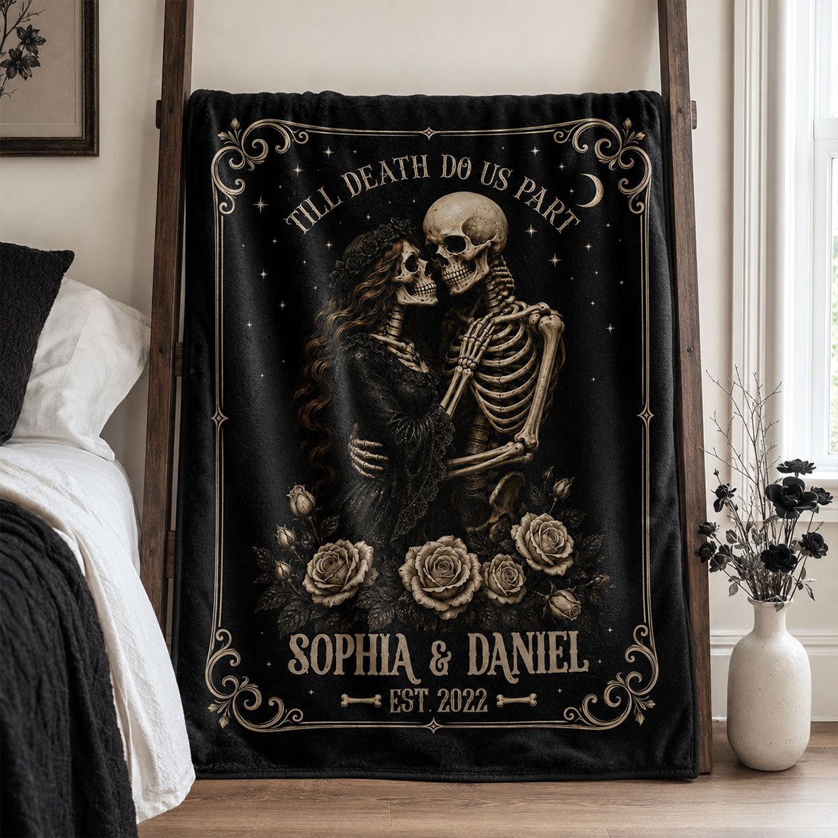 Skeleton Couple Till Death Do Us Part - Personalized Fleece Blanket - Spooky Goth Couple Halloween Gift
