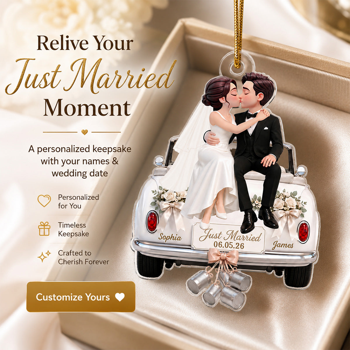 Groom Bride Sitting On Wedding Car 2D Flat - Personalized Acrylic Ornament - Wedding Keepsake
