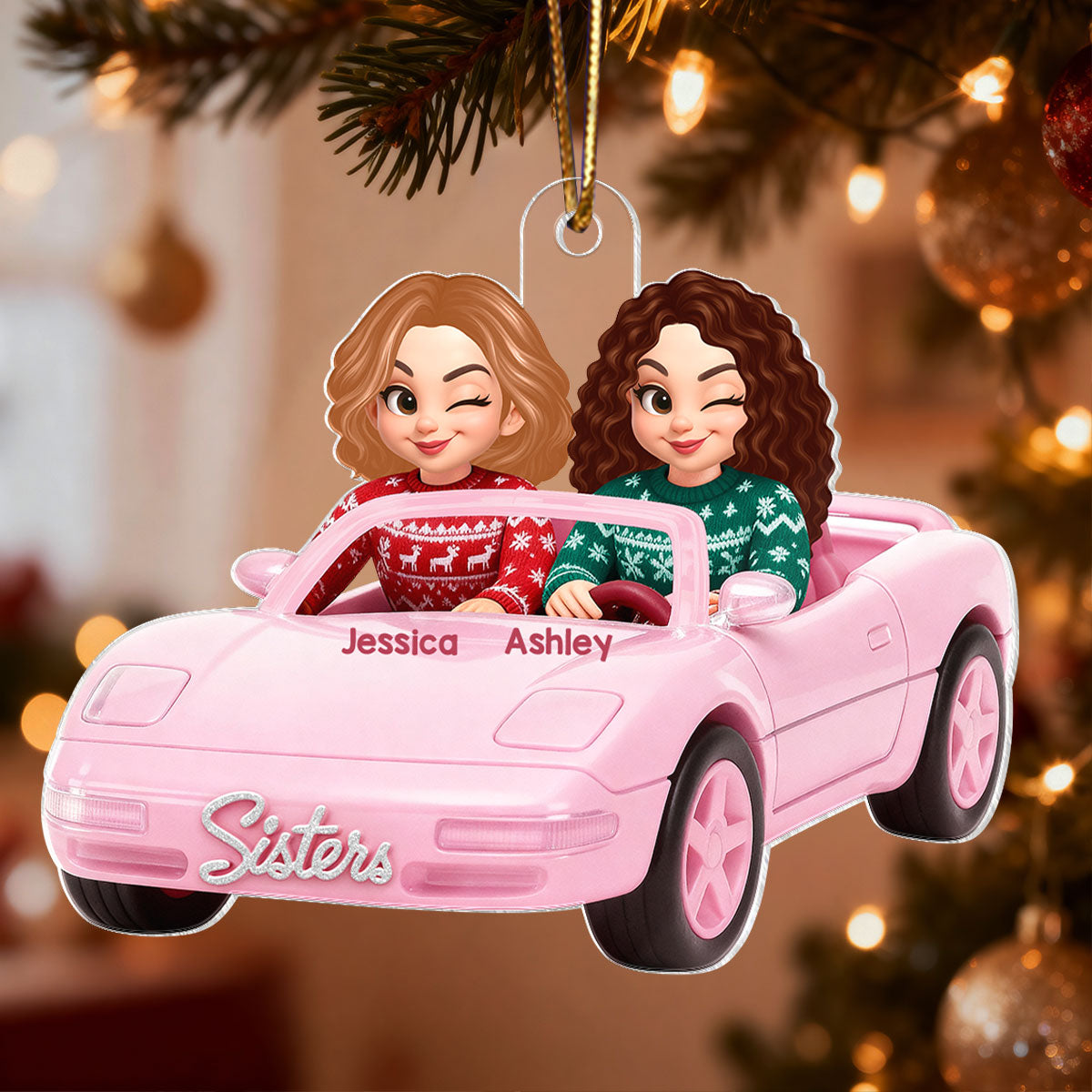 Doll Besties Driving Pink Car - Personalized Acrylic Ornament - Christmas Gift for Besties