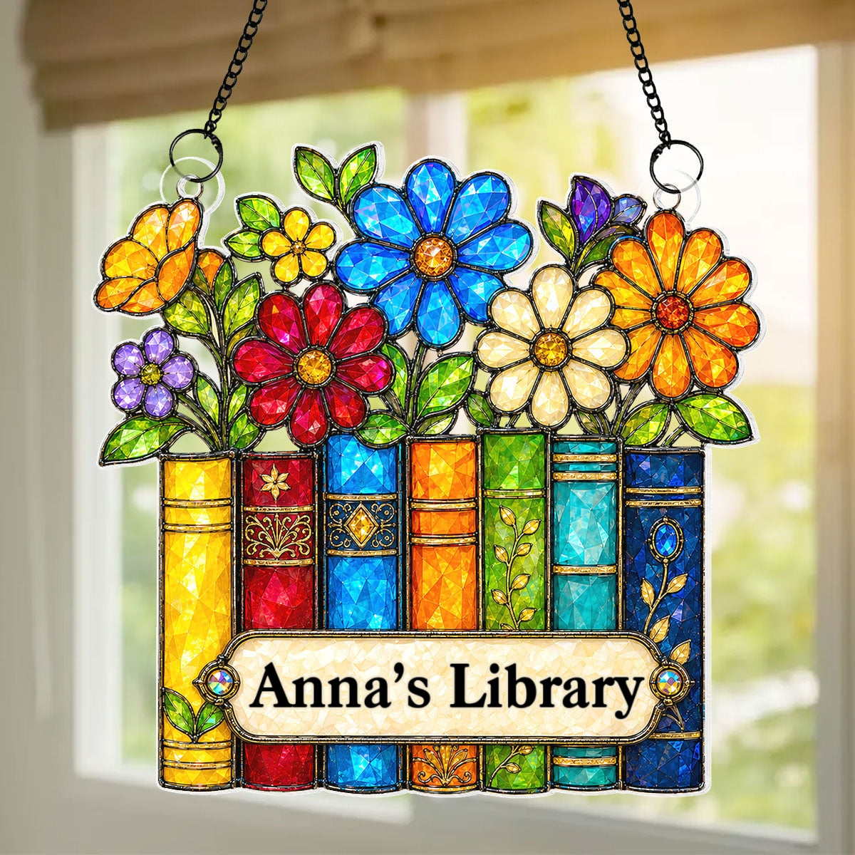 Floral Library Books - Personalized Acrylic Window Hanging - Book Lover Gifts for Women, Girl