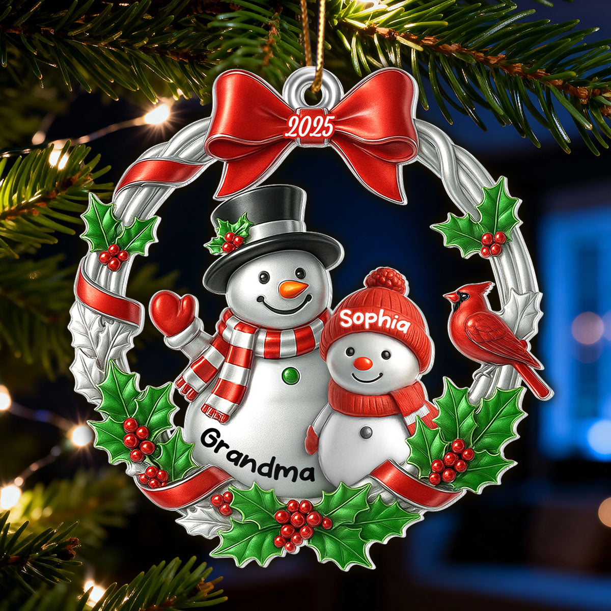 3D Metallic Effect Snowman Grandma Grandkid - Personalized Acrylic Ornament - Christmas Gift for Grandma
