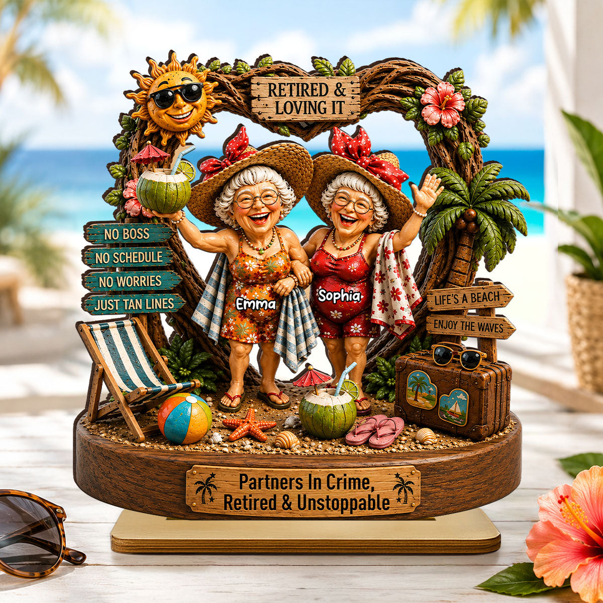 Partners In Crime Retired & Unstoppable Besties - Personalized 2-Layered Wooden Plaque - Meaningful Gift For Best Friends