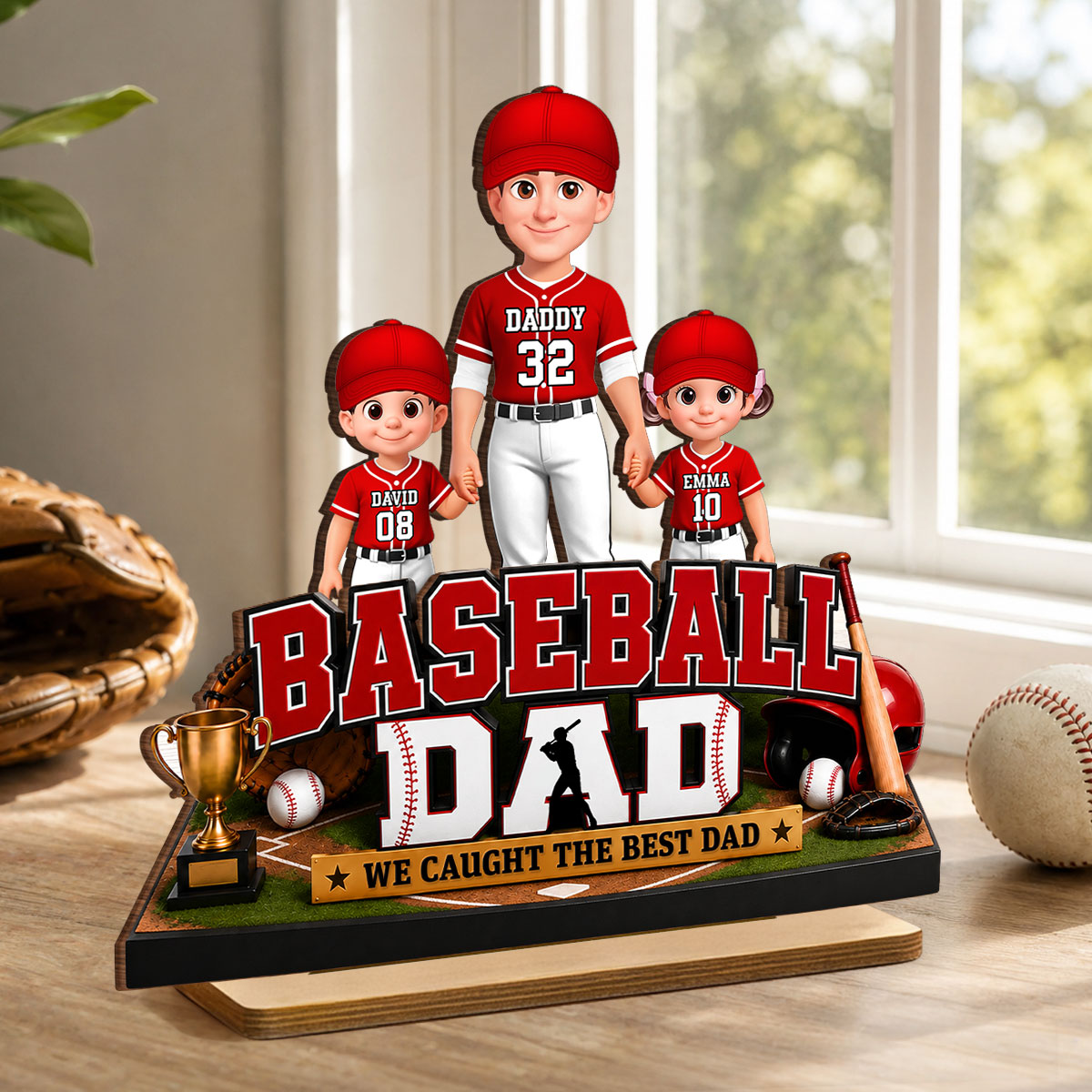 The Best Catch Baseball Dad & Kids - Personalized 2-Layered Wooden Plaque - Heartfelt Gift For Dad, Husband