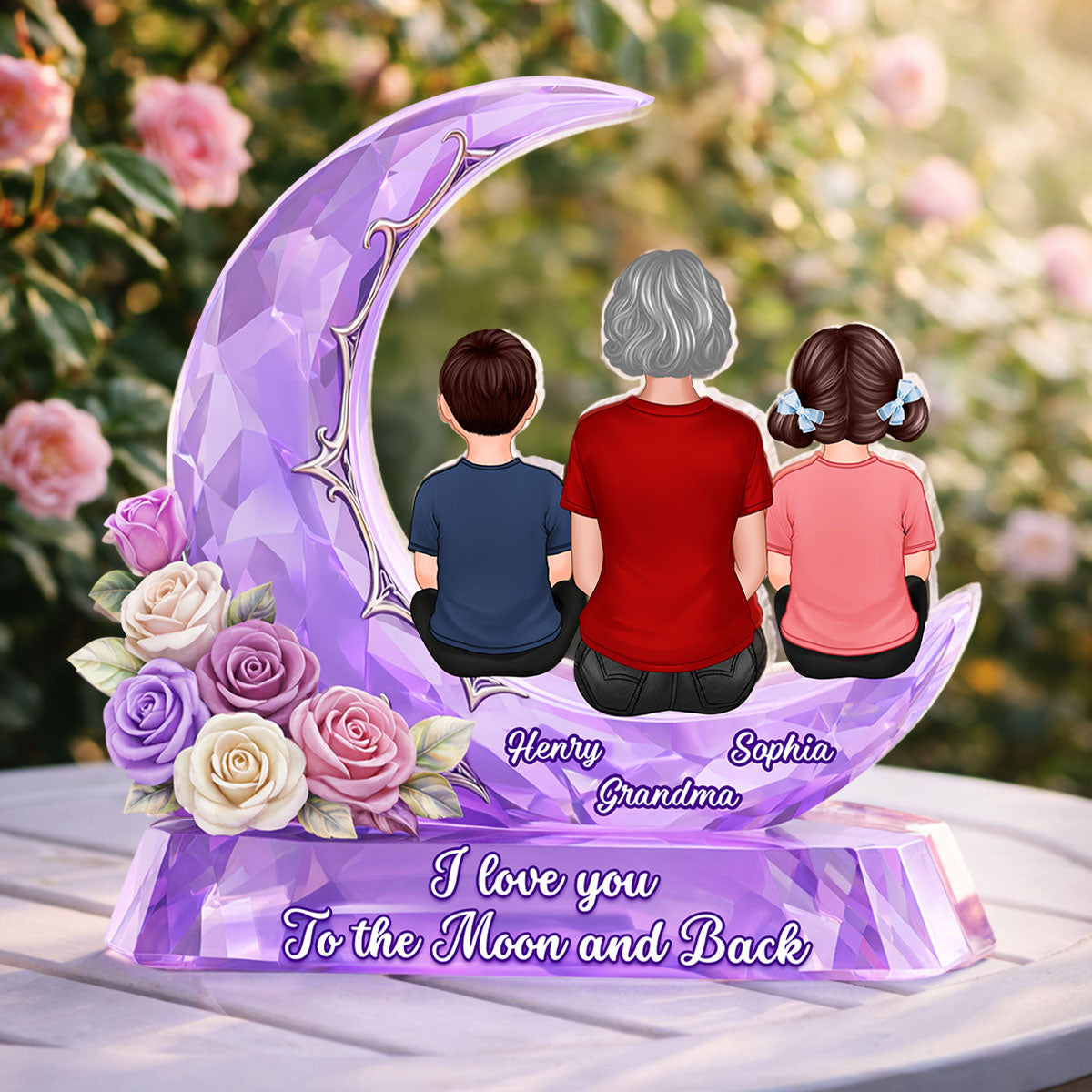 Grandma Grandkids Rose Moon I Love You To The Moon - Personalized Acrylic Block Plaque - Heartfelt Gift For Mom, Grandma