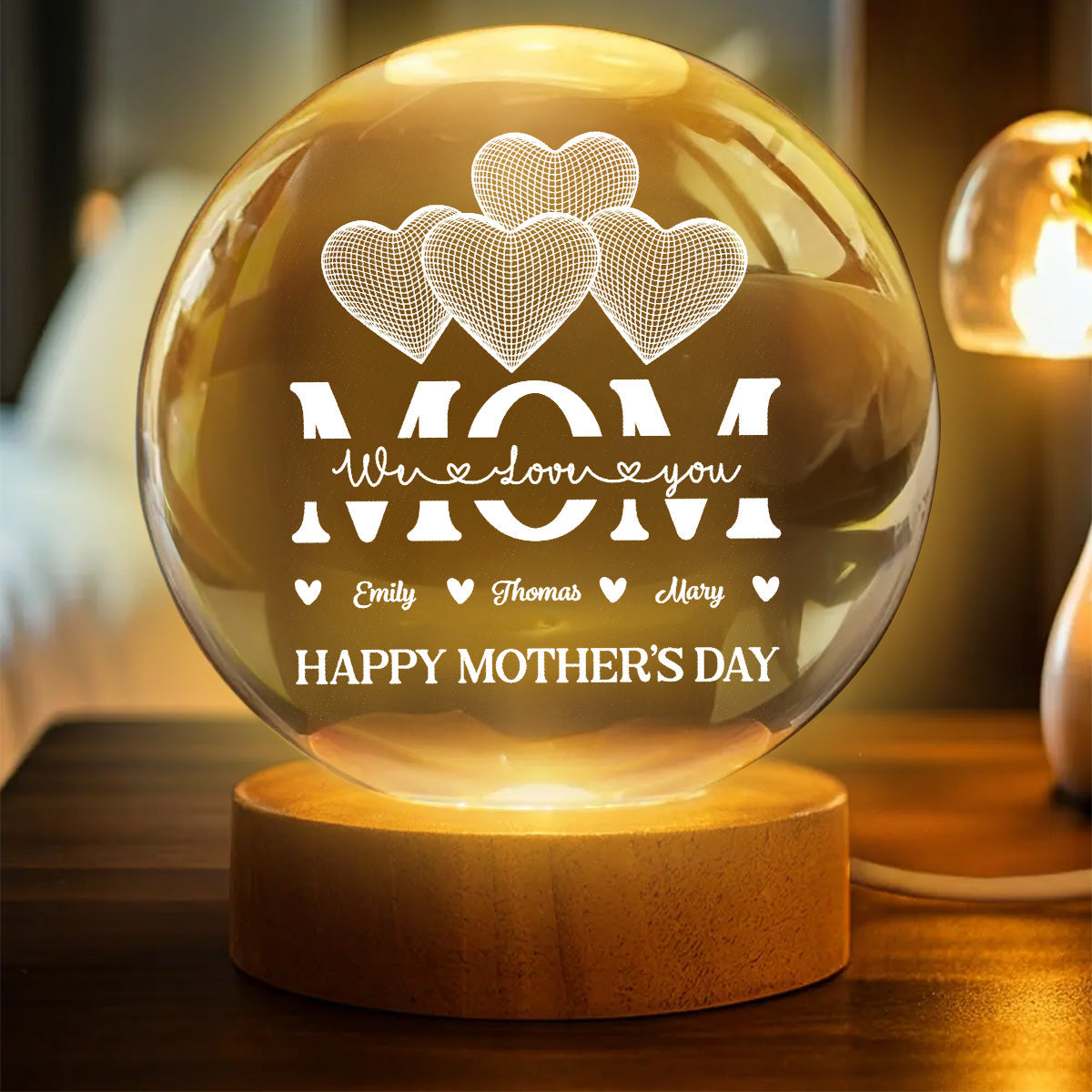 MOM Heart Love - Personalized Crystal Ball LED Night Light - Mother's Day Gift For Mom