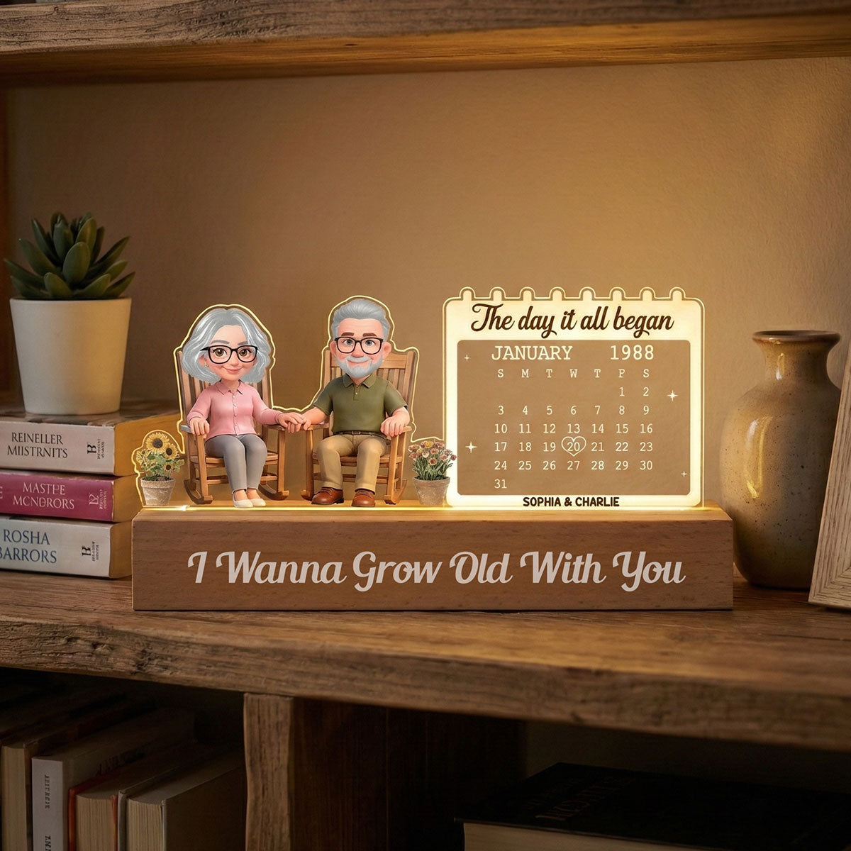 Old Couple Sitting On Rocking Chair Anniversary Date Calendar - Personalized Acrylic Block LED Night Light