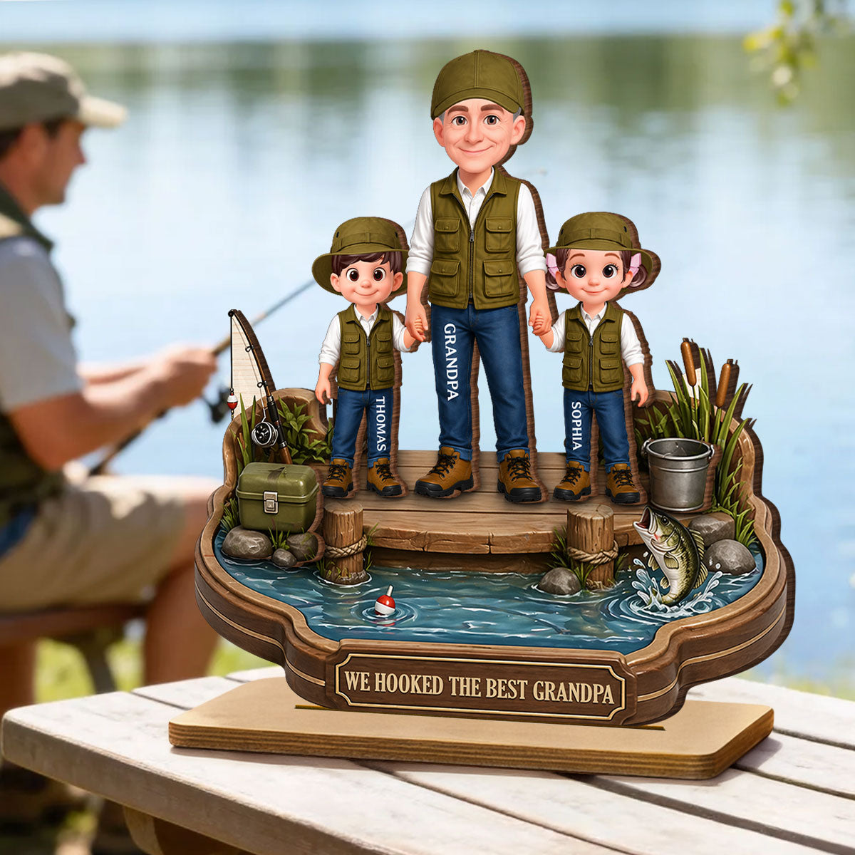 Grandpa's Little Fishing Partners - Personalized 2-Layered Wooden Plaque - Heartfelt Gift For Fishing Grandpa