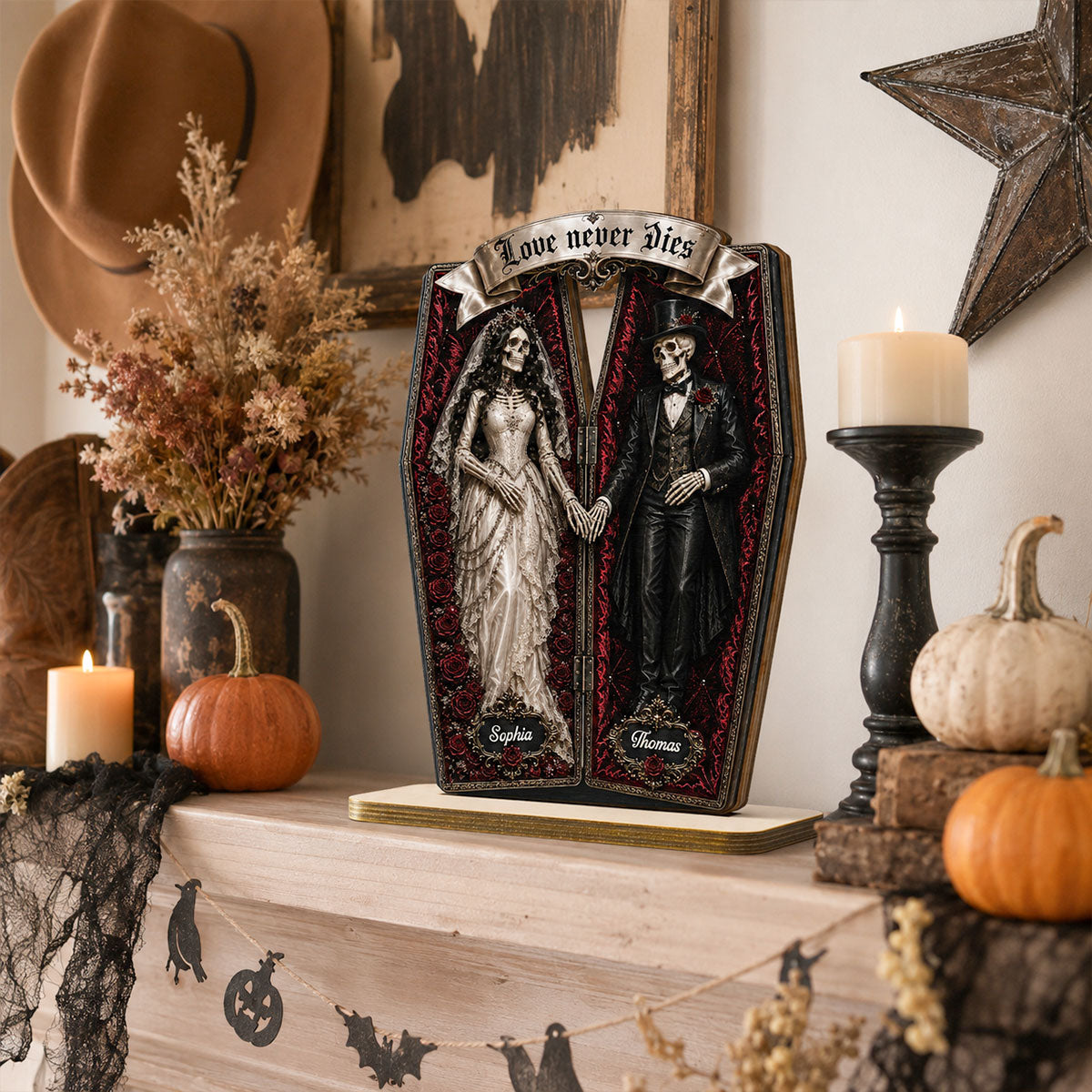 Skeleton Couple In Coffin 2D Flat - Personalized Wooden Plaque - Halloween Decoration